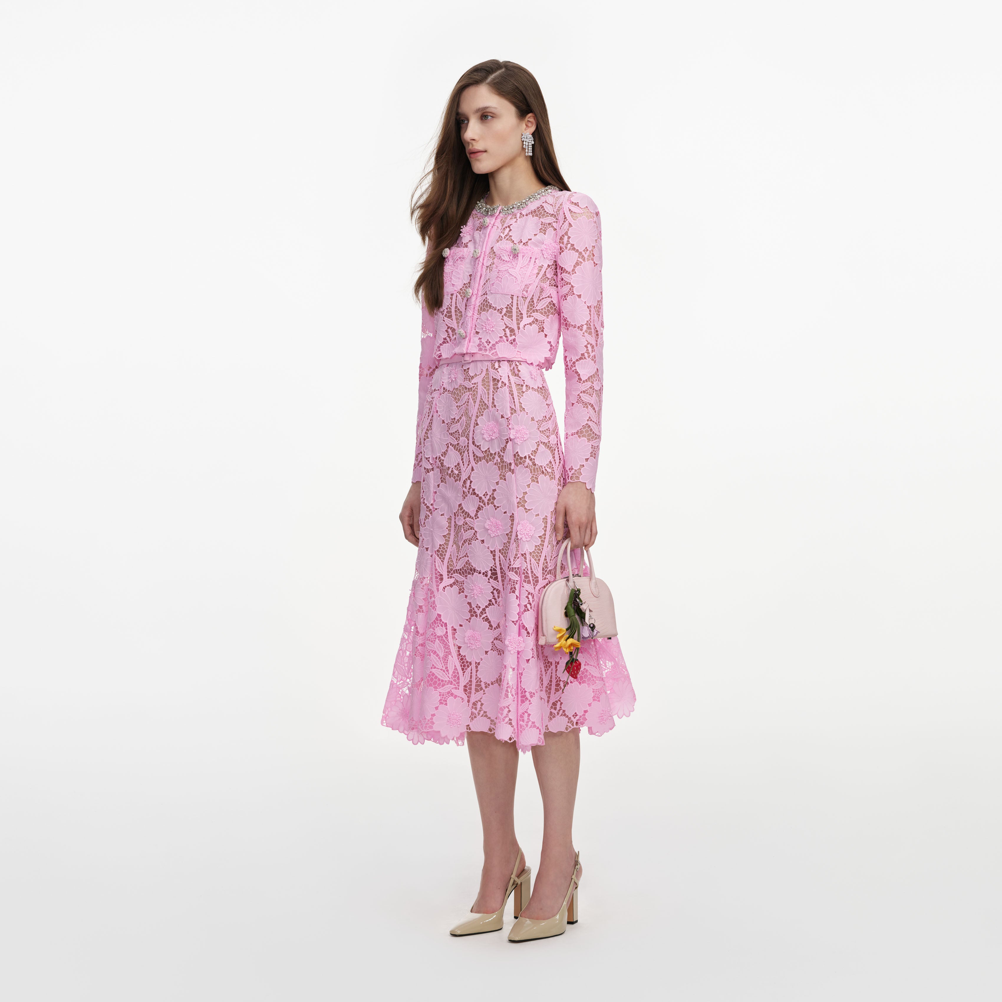 Self Portrait Pink Lace Crystal Midi Kleid Rosa Spitze Kristall