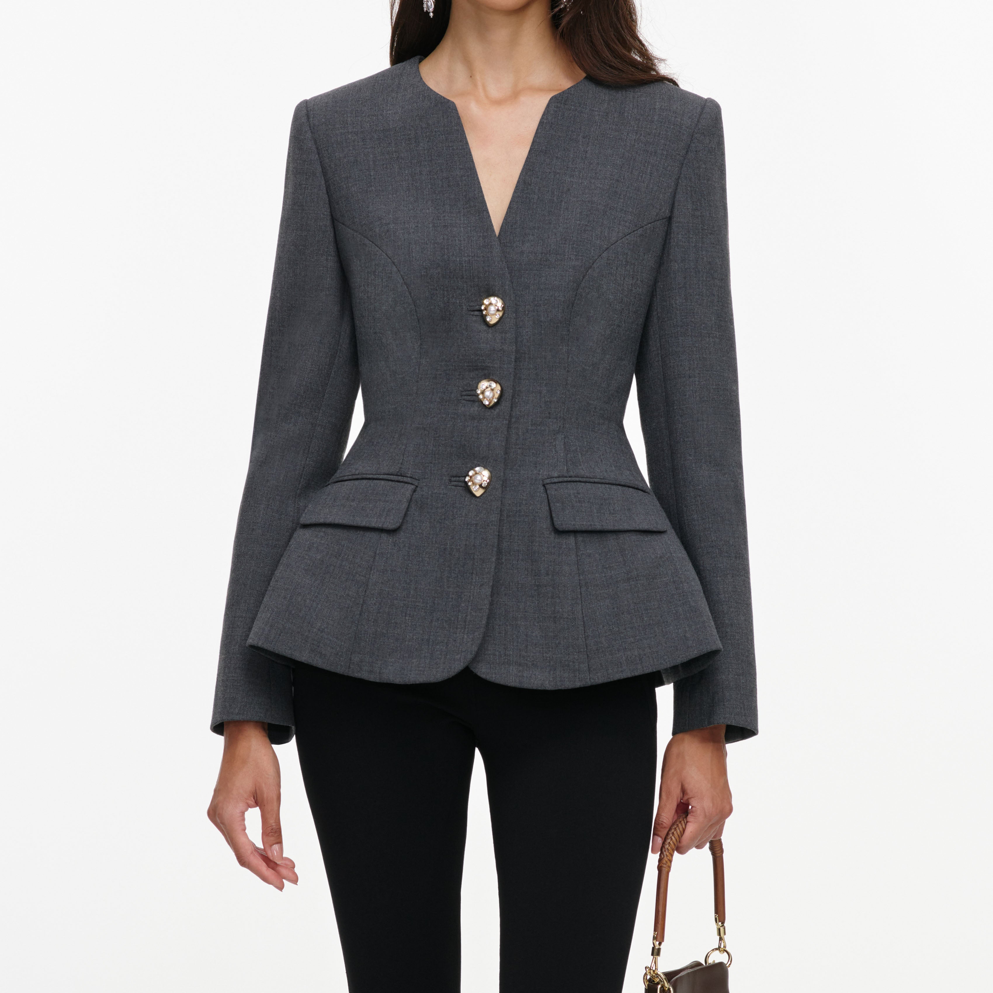 Self Portrait Grey Wool Collarless Jacke Grau UK 8 Wolle