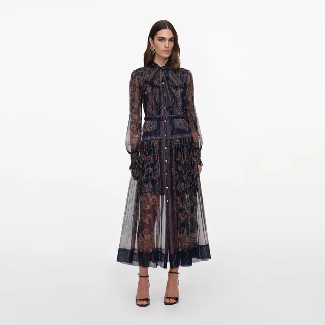 Self Portrait Navy Printed Georgette Midi Kleid UK 8 Blau