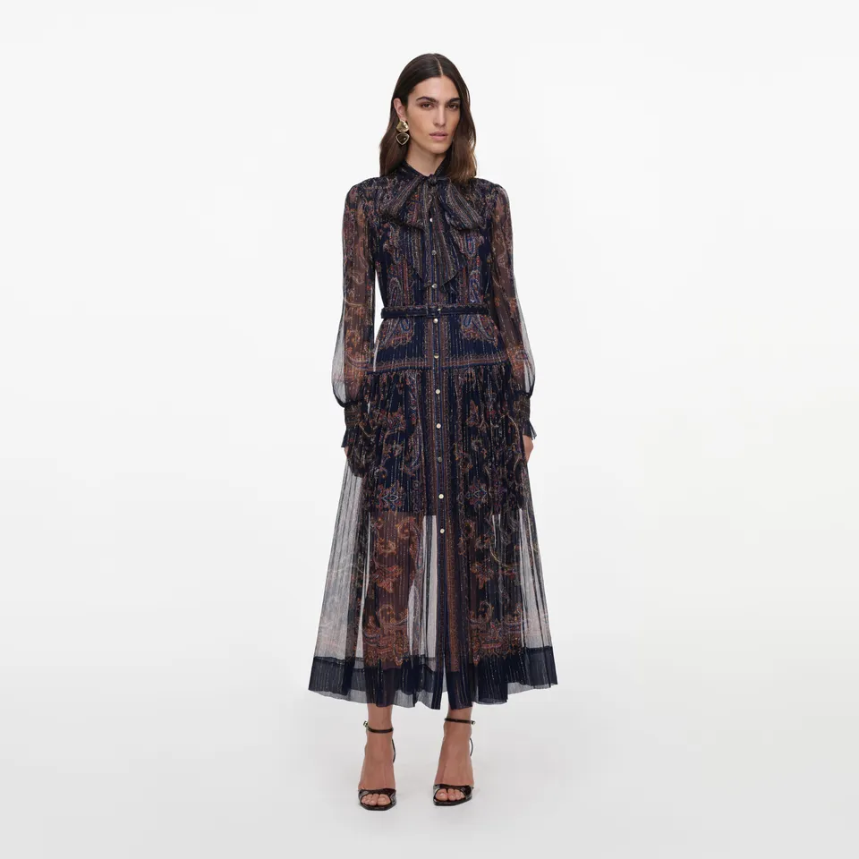 Self Portrait Navy Printed Georgette Midi Kleid UK 8 Blau