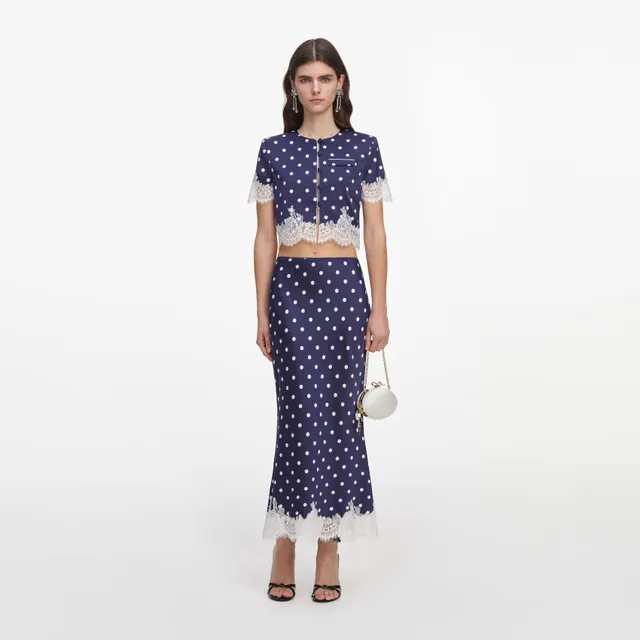 Self Portrait Navy Polka Dot Satin Midirock Navy