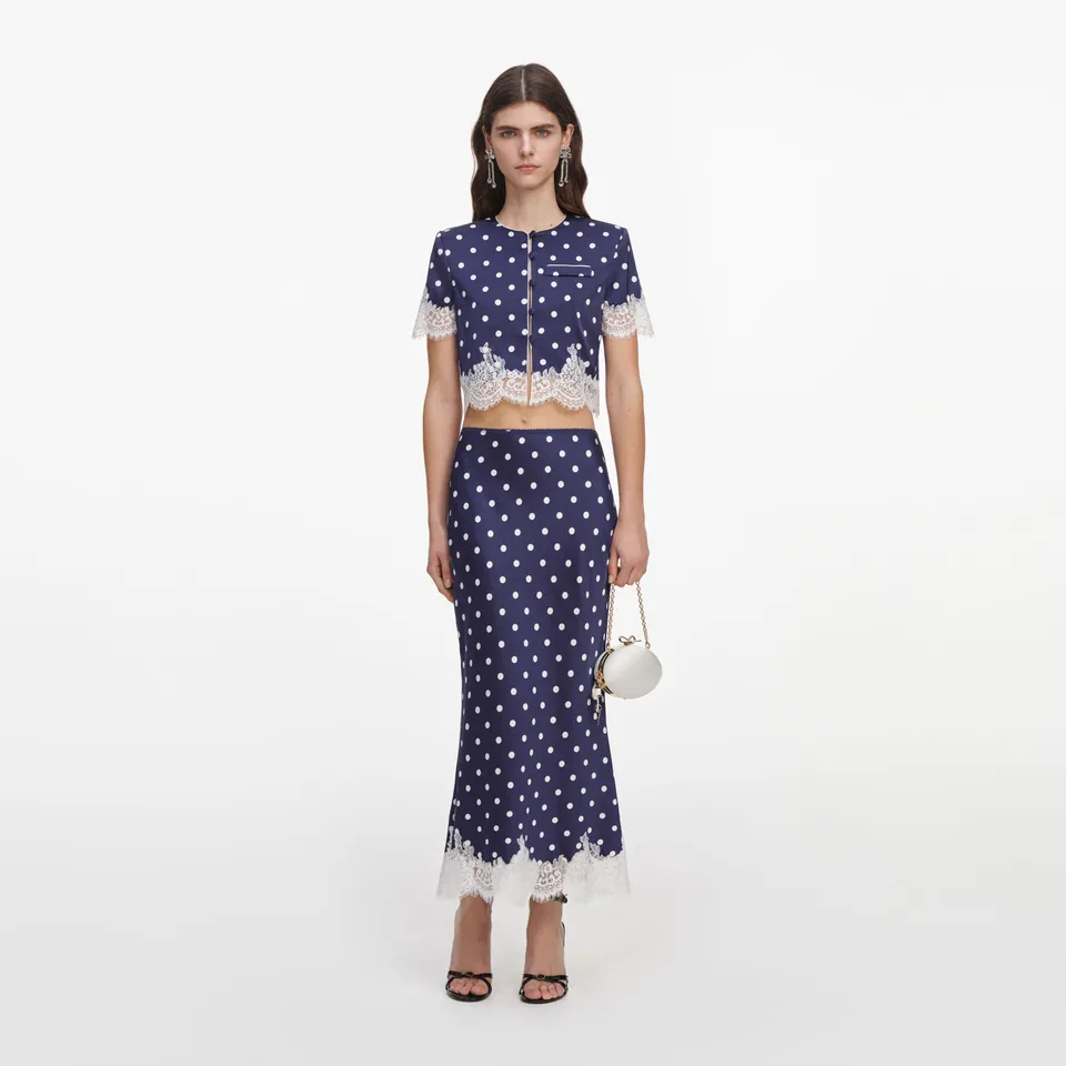 Self Portrait Navy Polka Dot Satin Midirock Navy