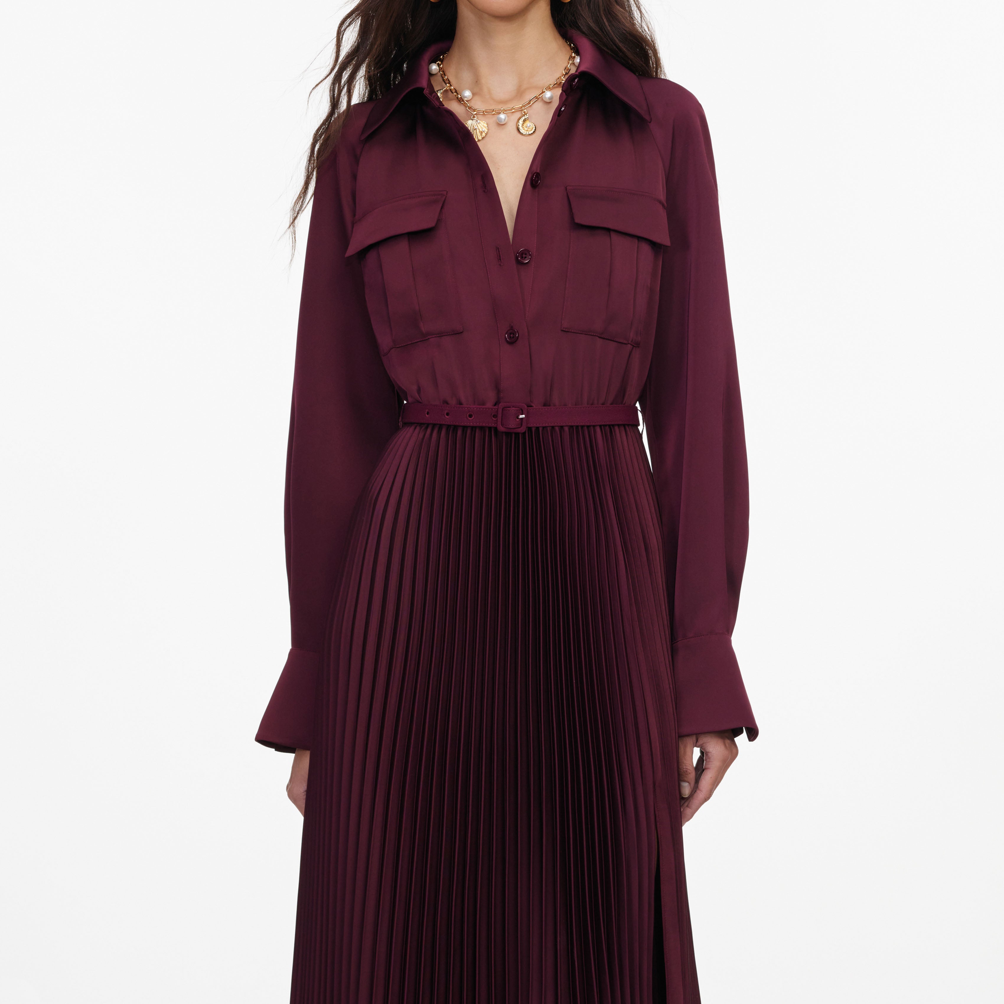 Self Portrait Plissee Maxikleid Satin Pflaume UK 8