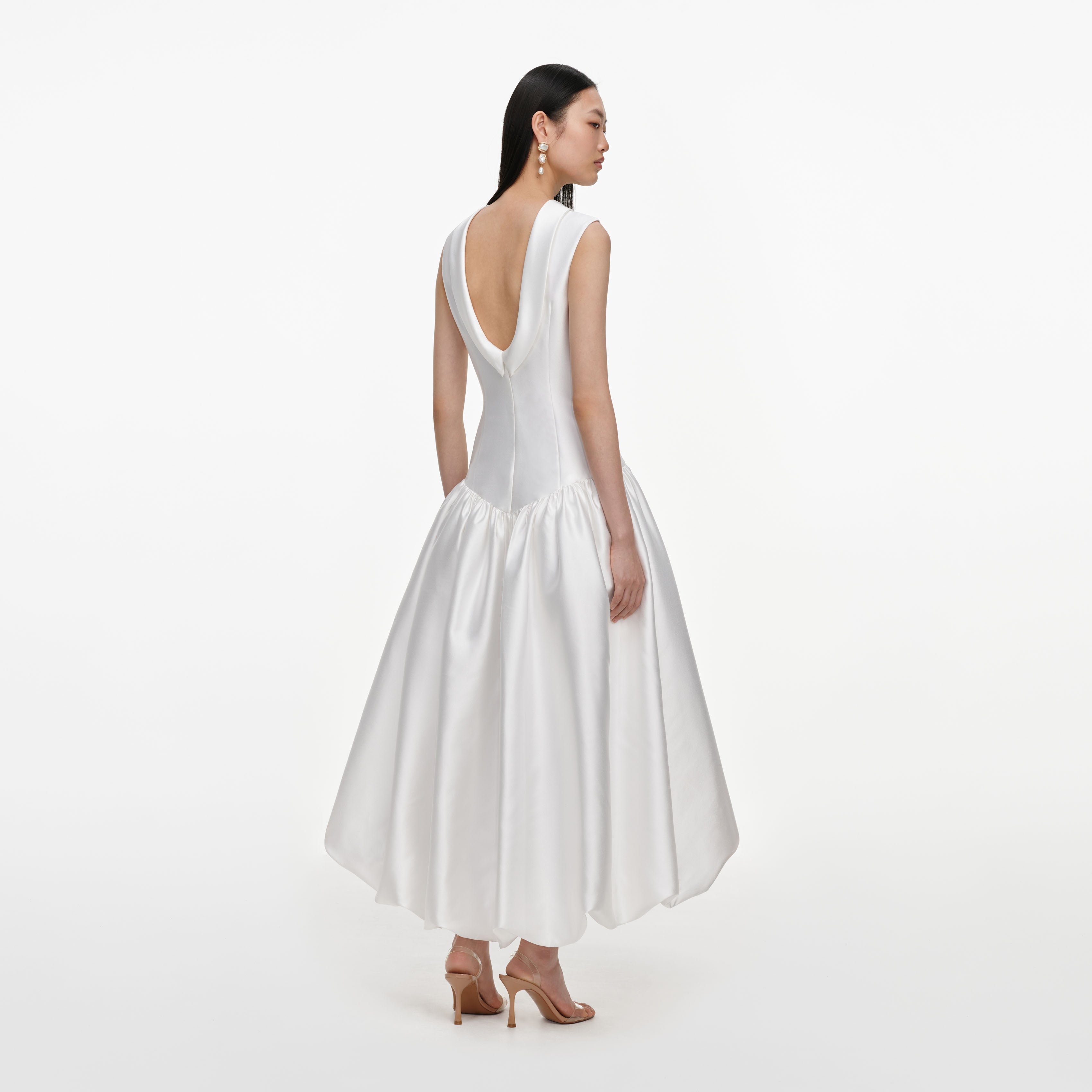 Self Portrait White Taffeta Bubble Hem Midi Kleid Weiß
