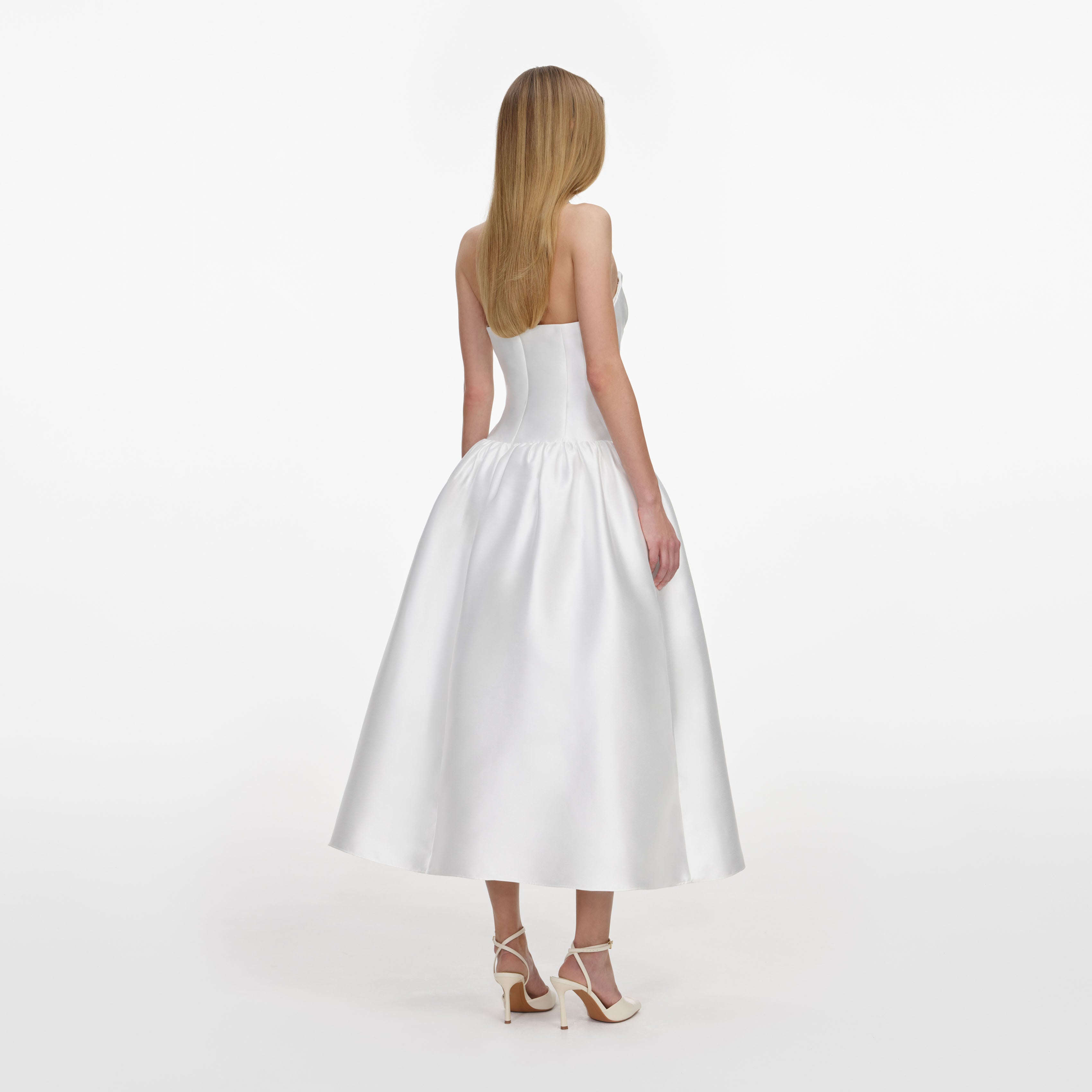 Self Portrait White Taffeta Midi Brautkleid Weiss Traegerlos