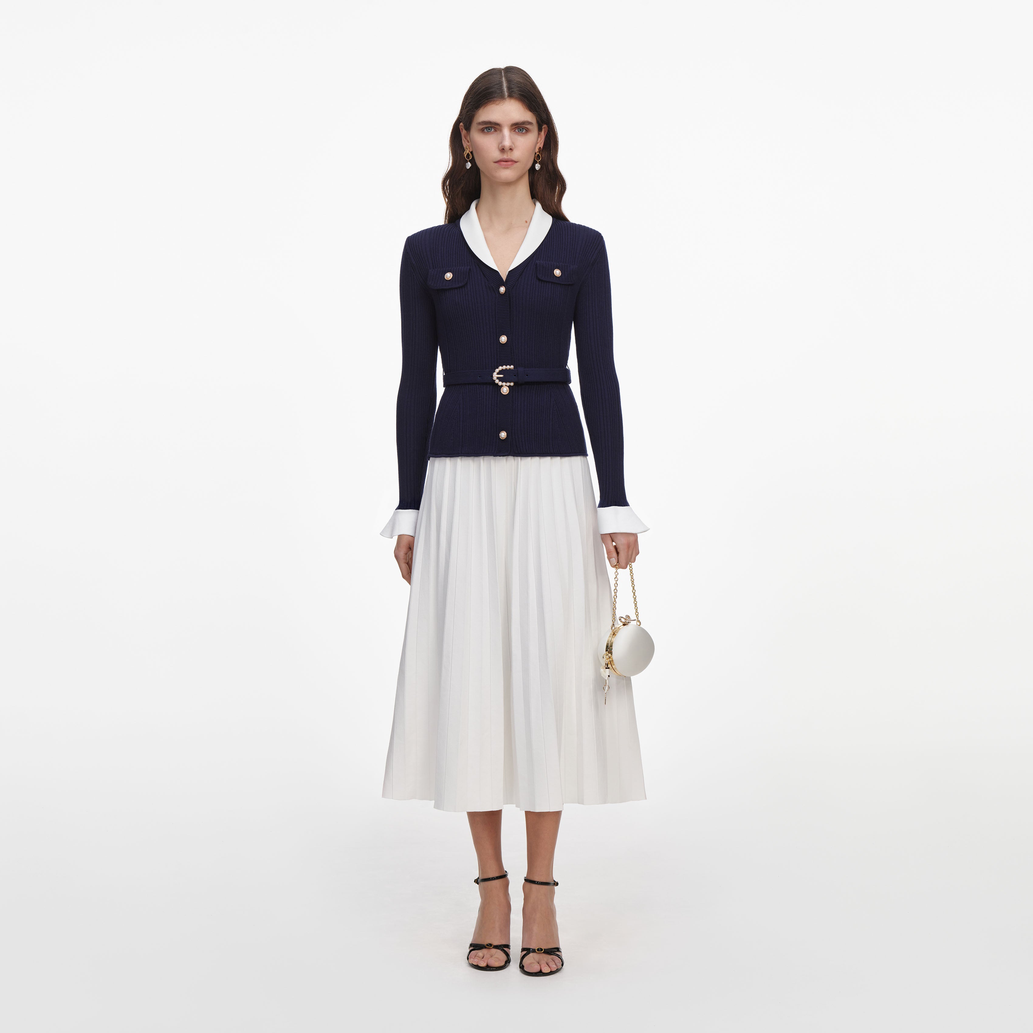 Self Portrait Navy Ribbed Knit Contrast Midikleid navy Strick