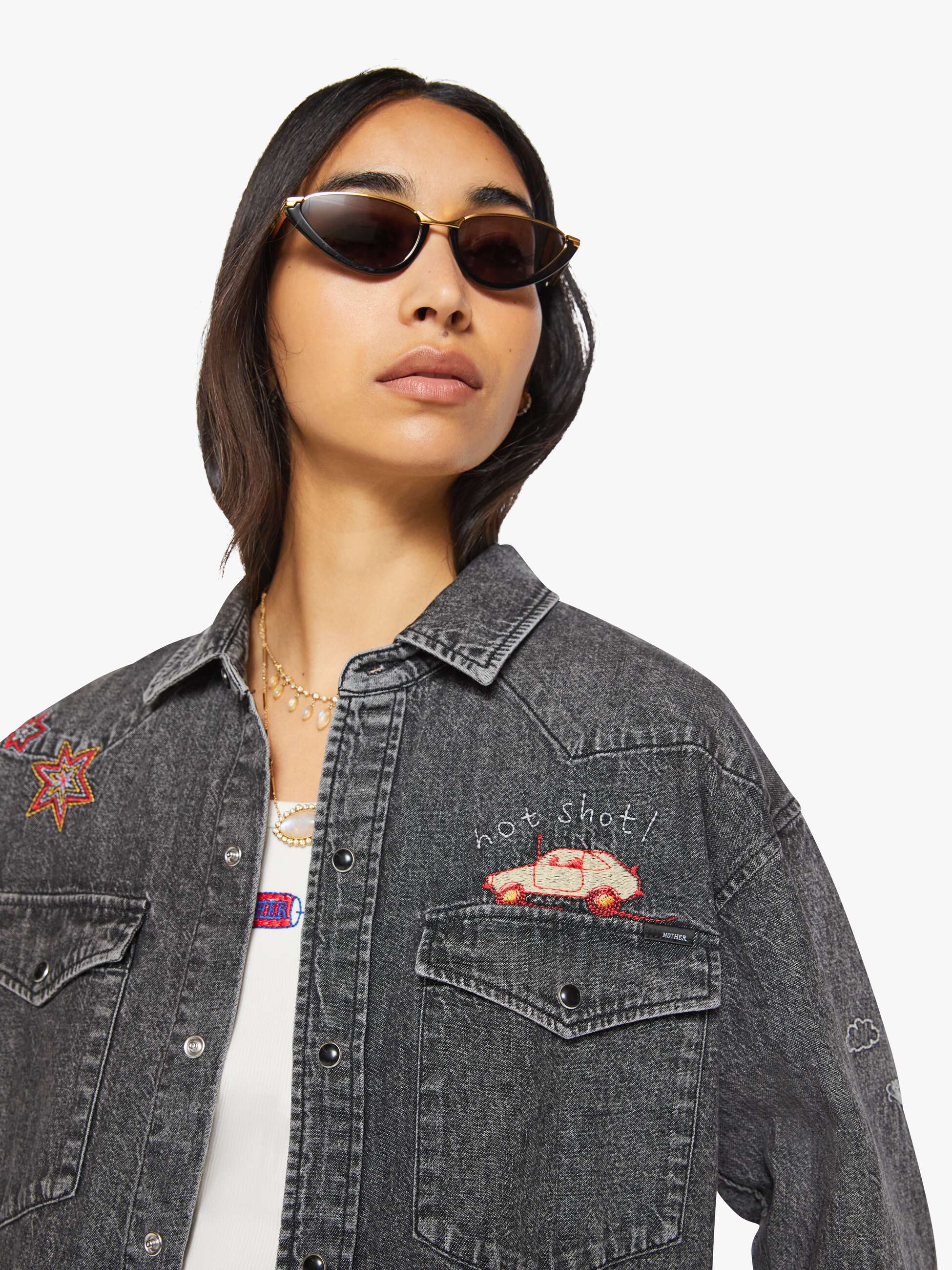 Mother The Exes And Ohs Denimhemd Grau Stickerei