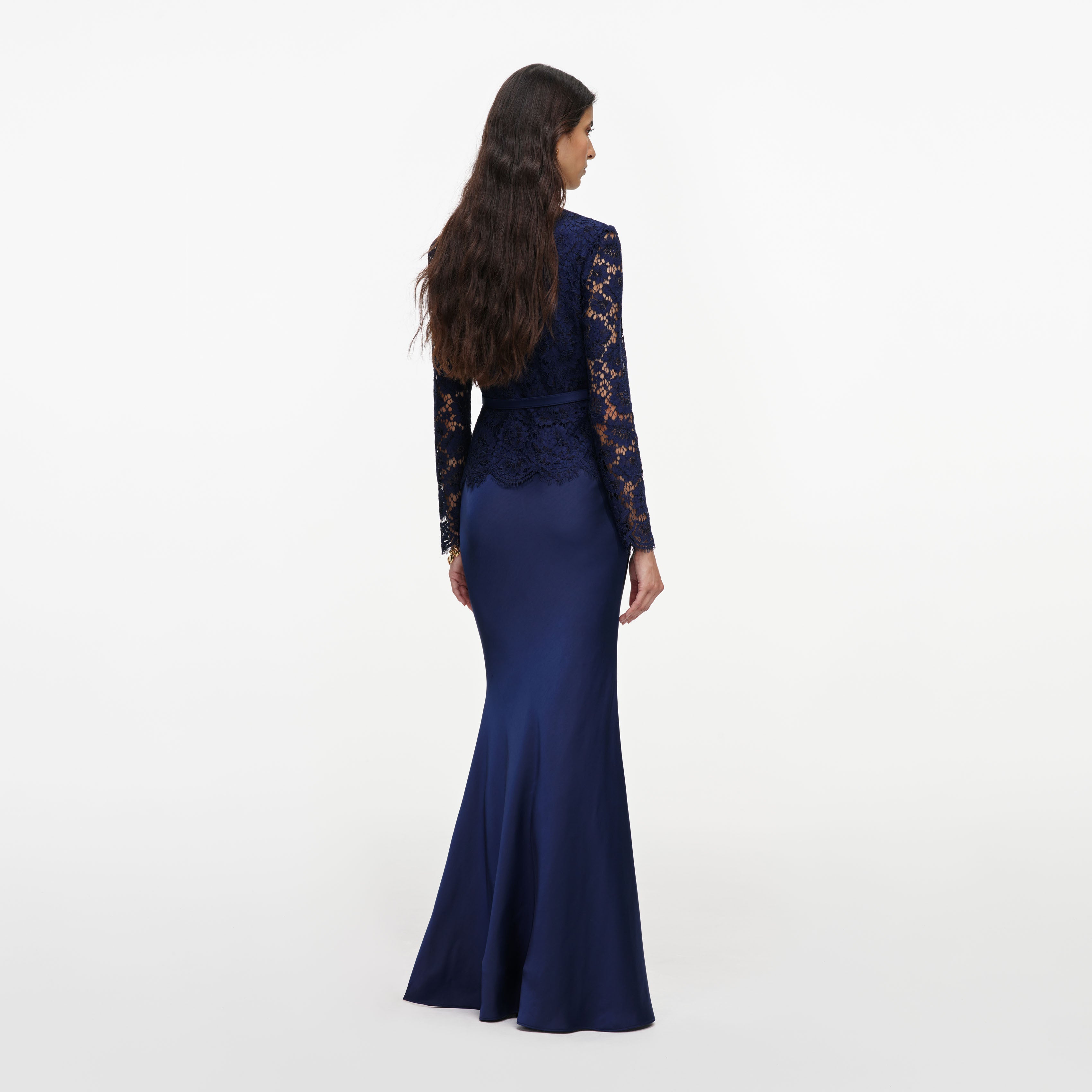 Self Portrait Navy Tailored Lace Satin Maxi Dress Kleid Blau