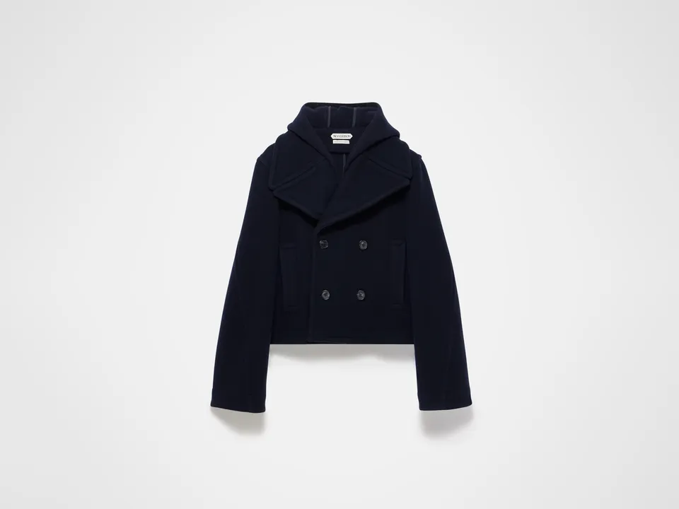 J.W. Anderson Cropped Hooded Coat Mantel Navy Wolle