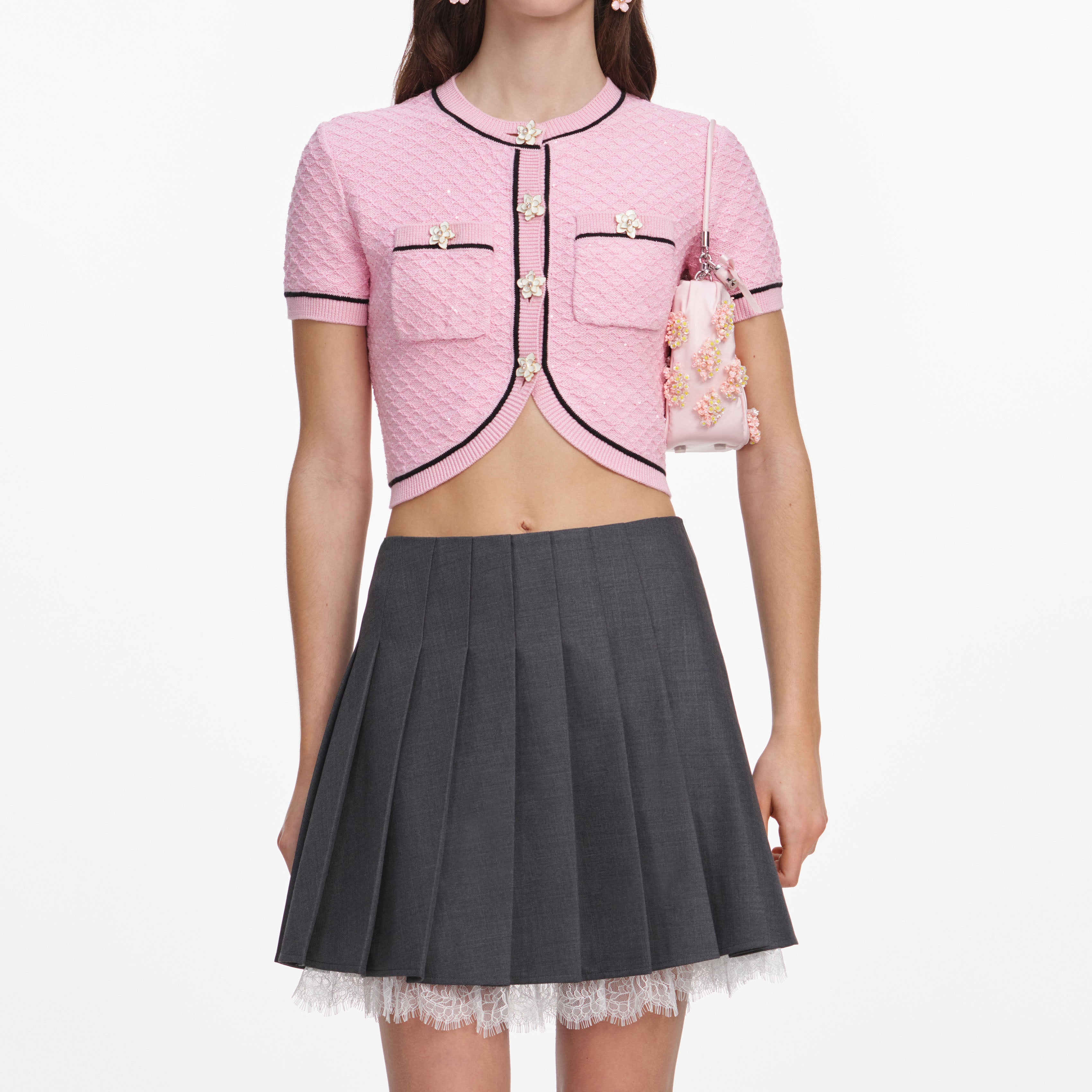 Self Portrait Knitwear Pink Flower Stricktop rosa cropped