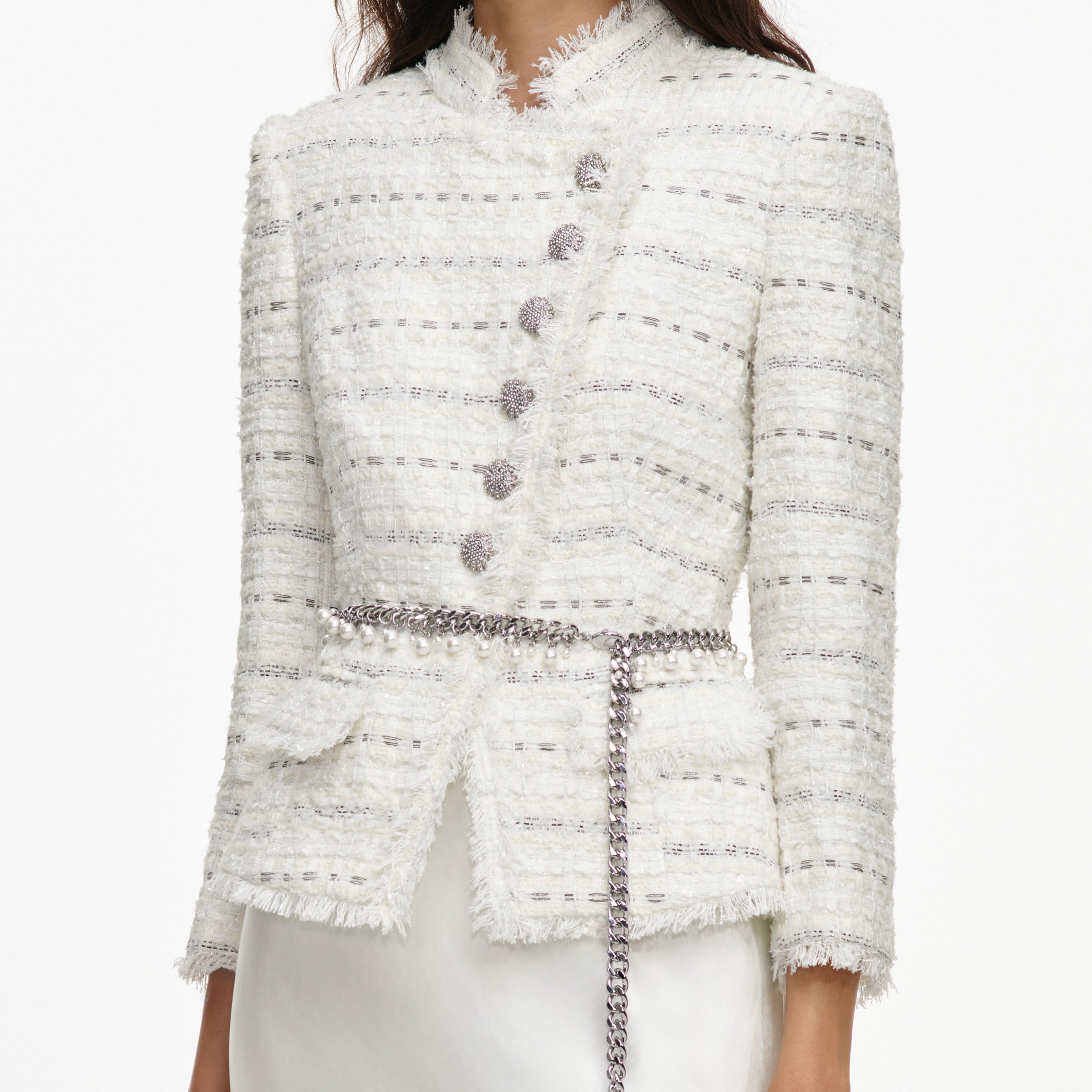 Self Portrait White Boucle Satin Maxikleid Weiß mit Gürtel