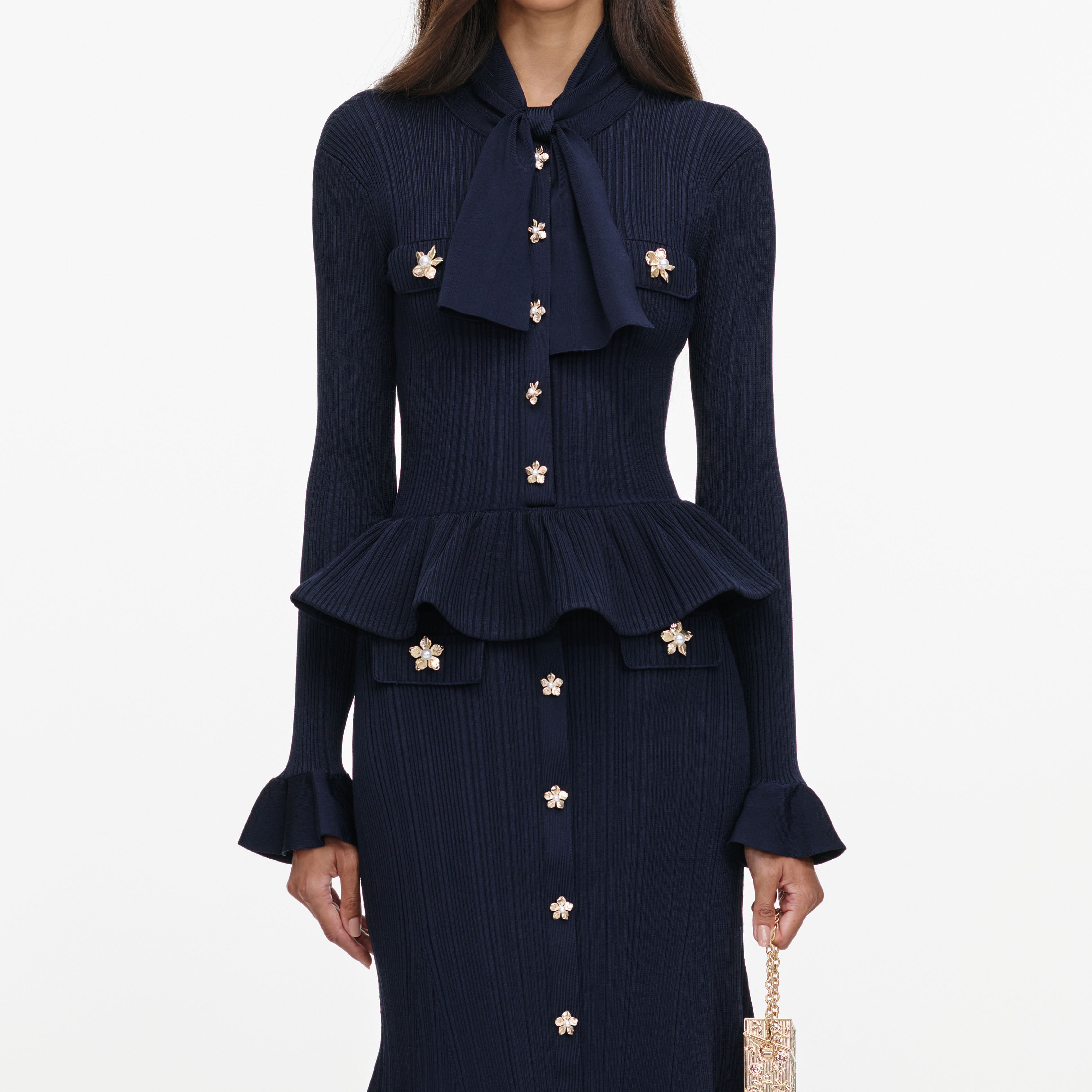Self Portrait Peplum Strick Midikleid Navy