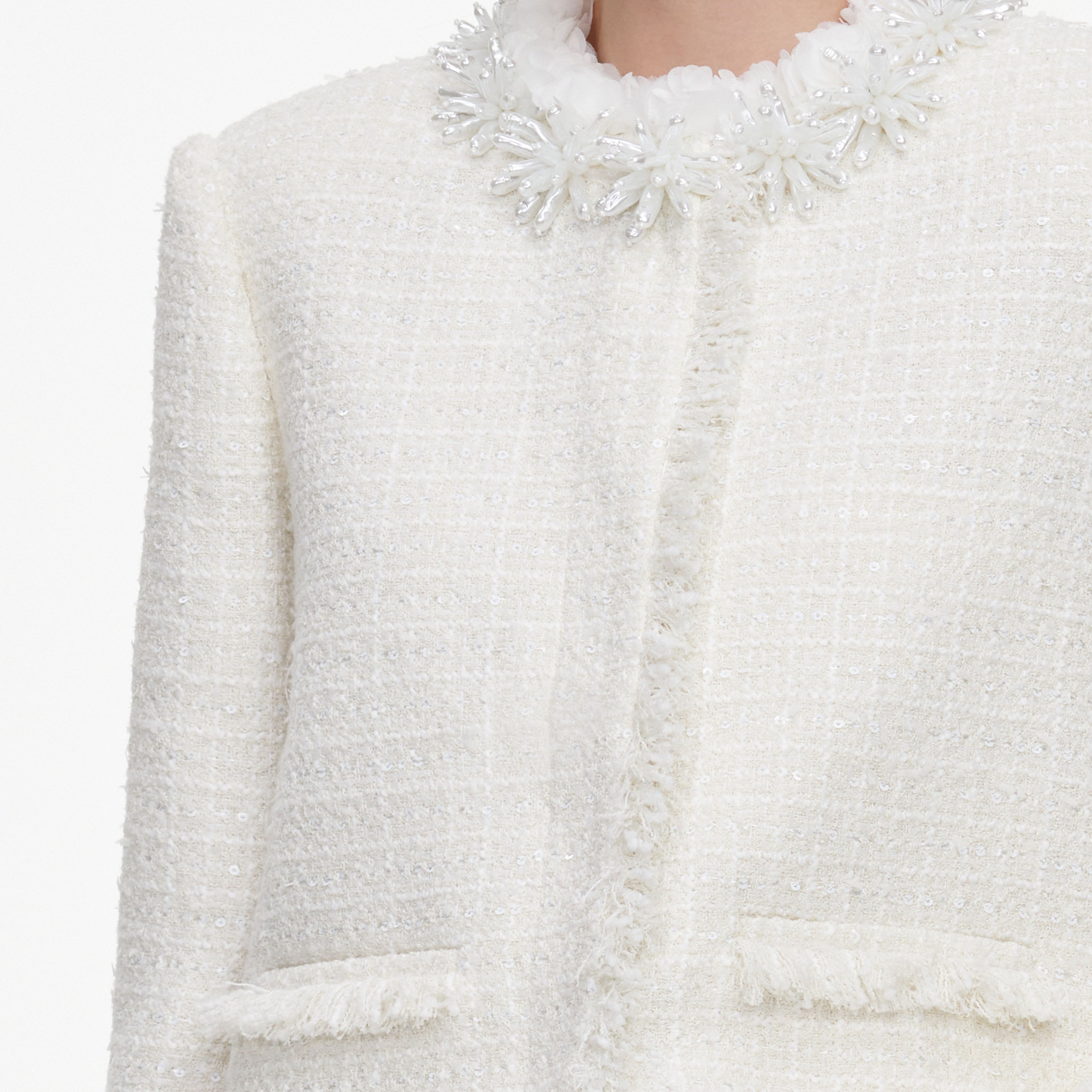 Self Portrait Cream Sequin Boucle Pearl Jacke Creme