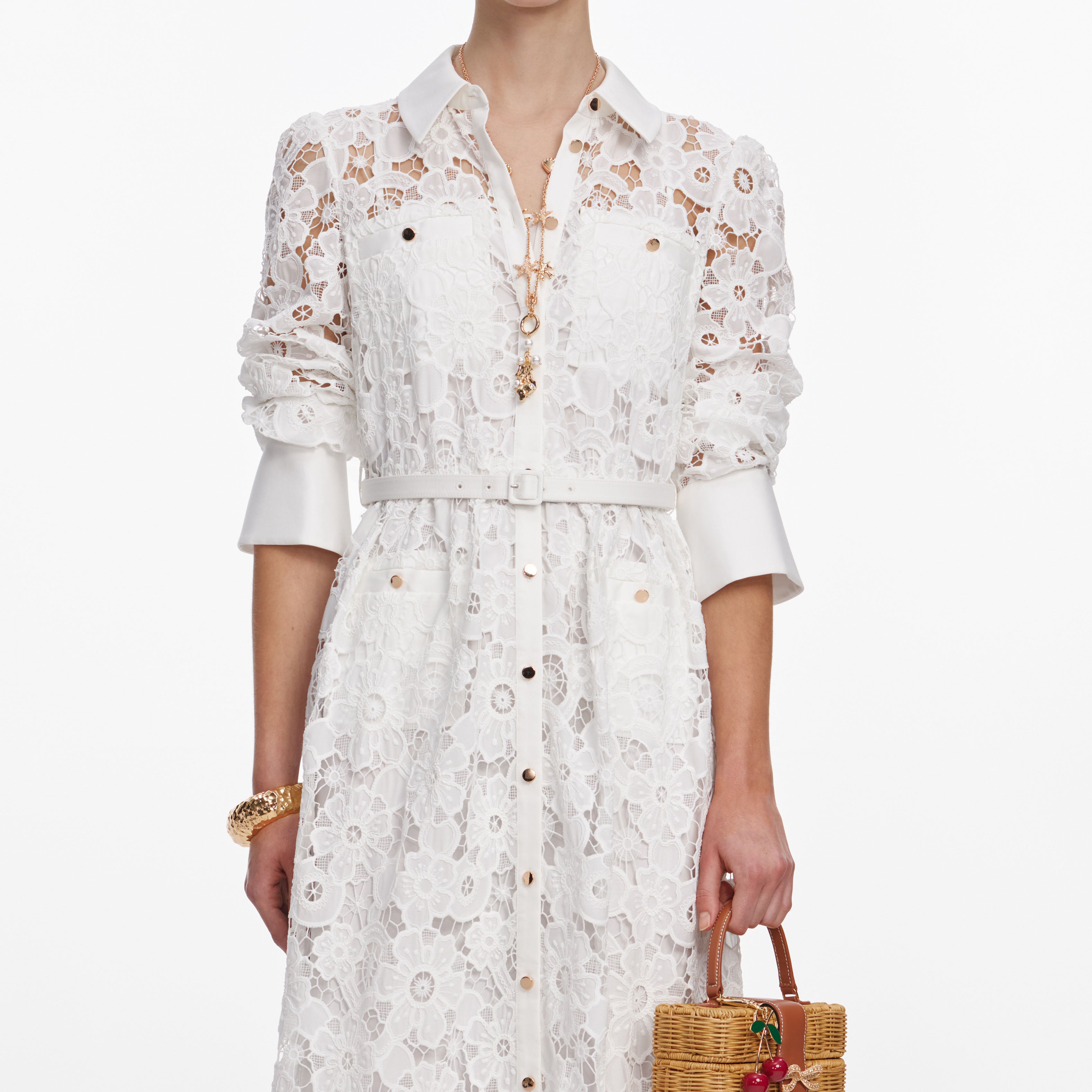 Self Portrait Lace Collared Maxi Kleid Weiß Spitze