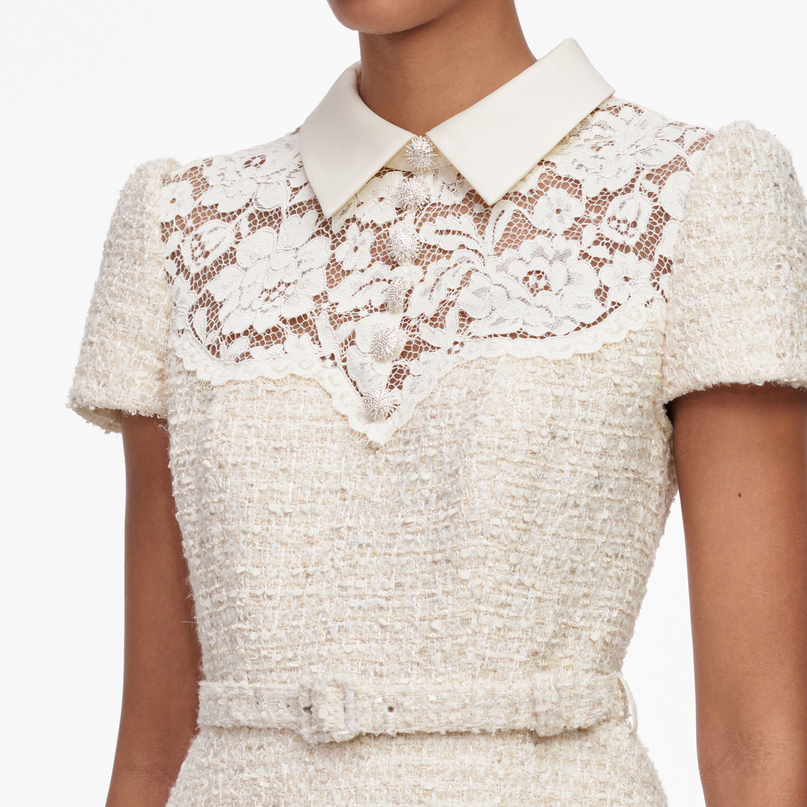 Self Portrait Lace Boucle Midikleid creme A-Linie