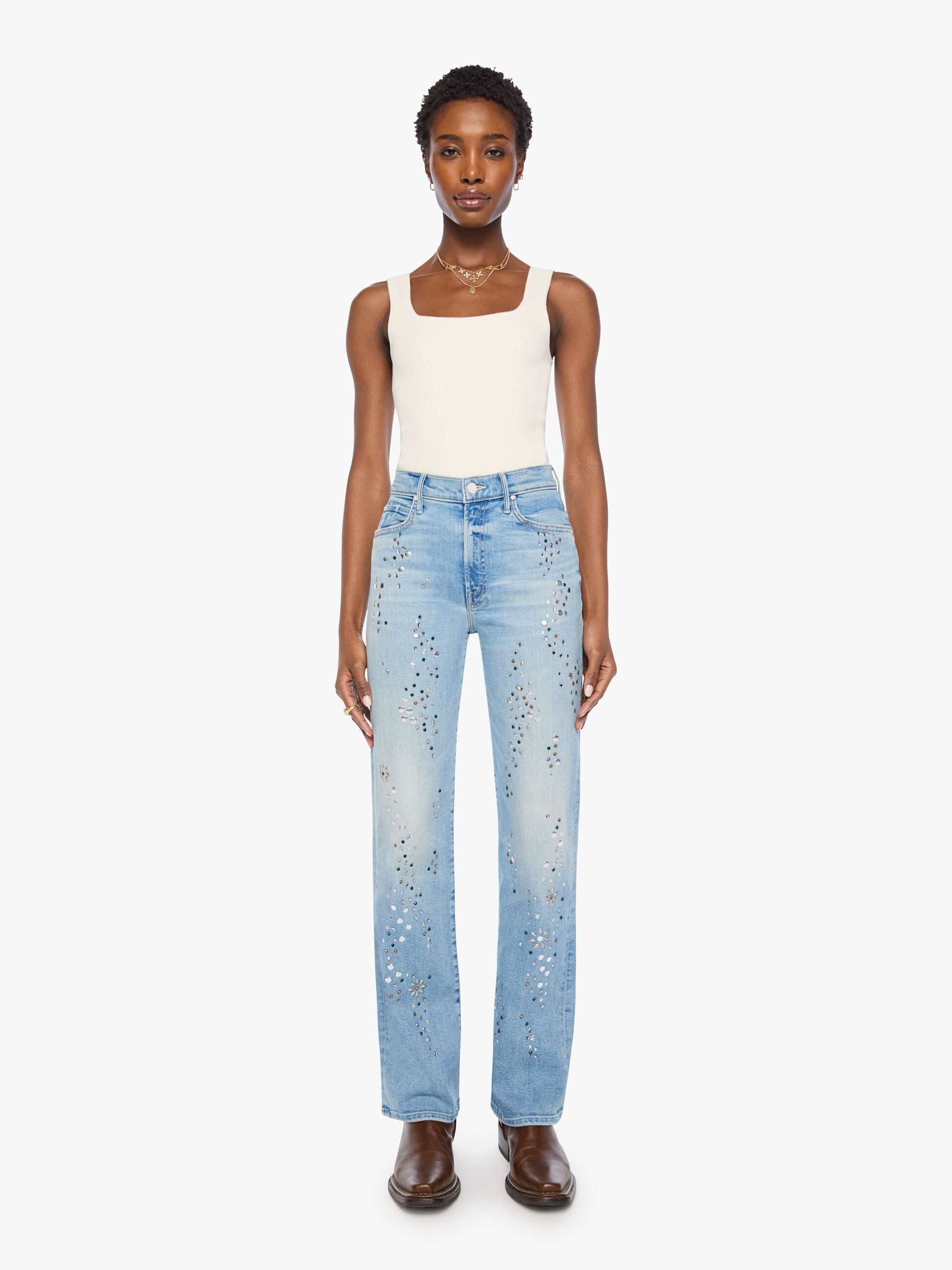 Mother The Kick It Shooting Stars Straight Jeans Strass
