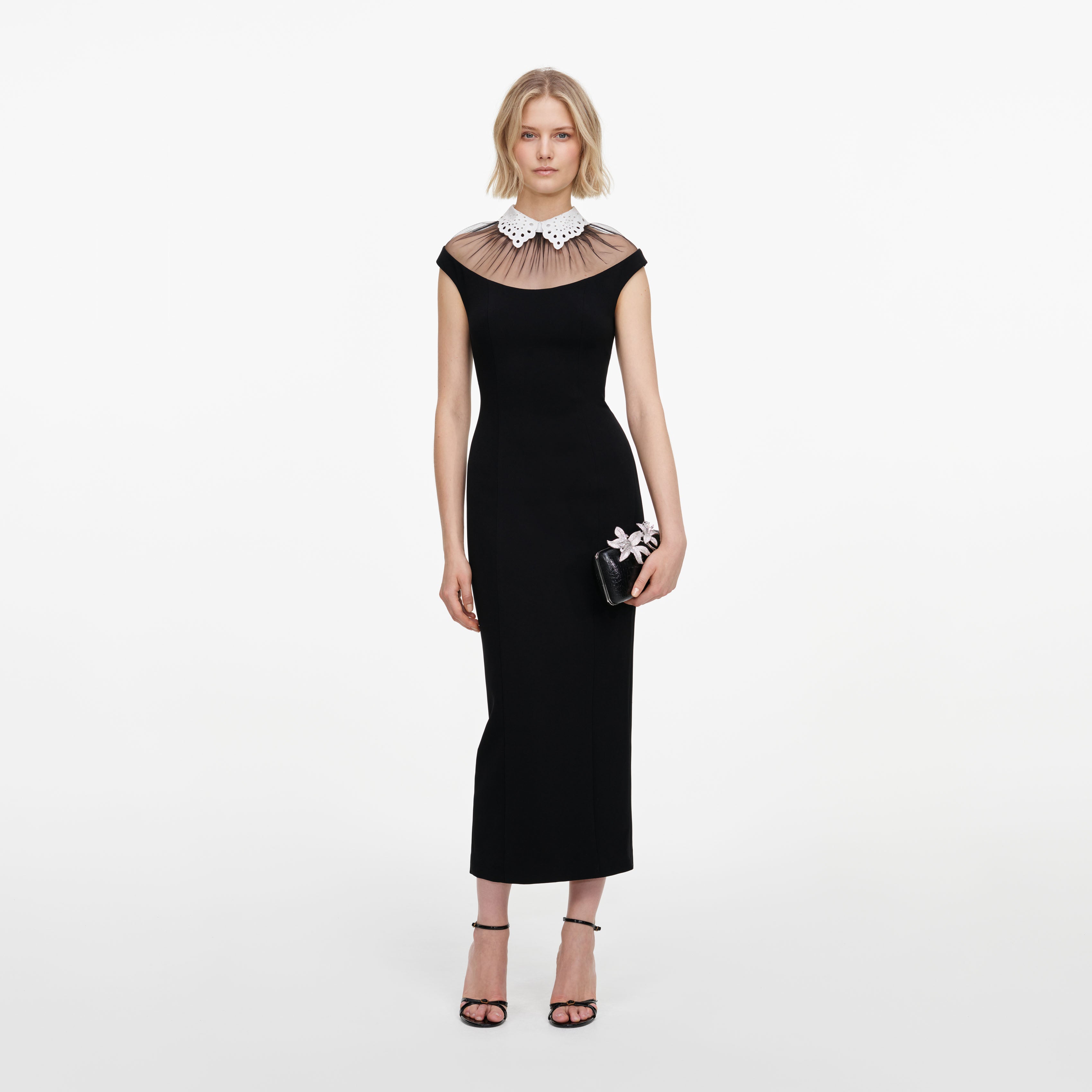 Self Portrait Crepe Midikleid Schwarz Spitzen-Kragen Formal