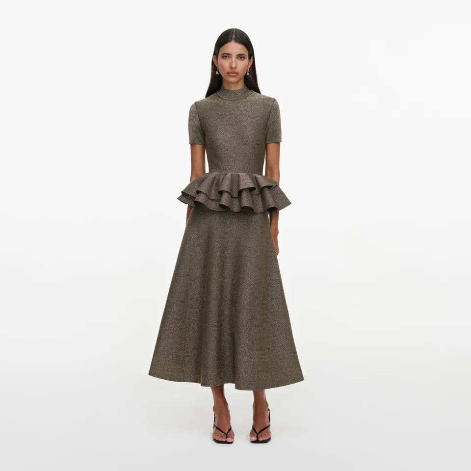 Self Portrait Bronze Peplum Strick Midikleid Metallic