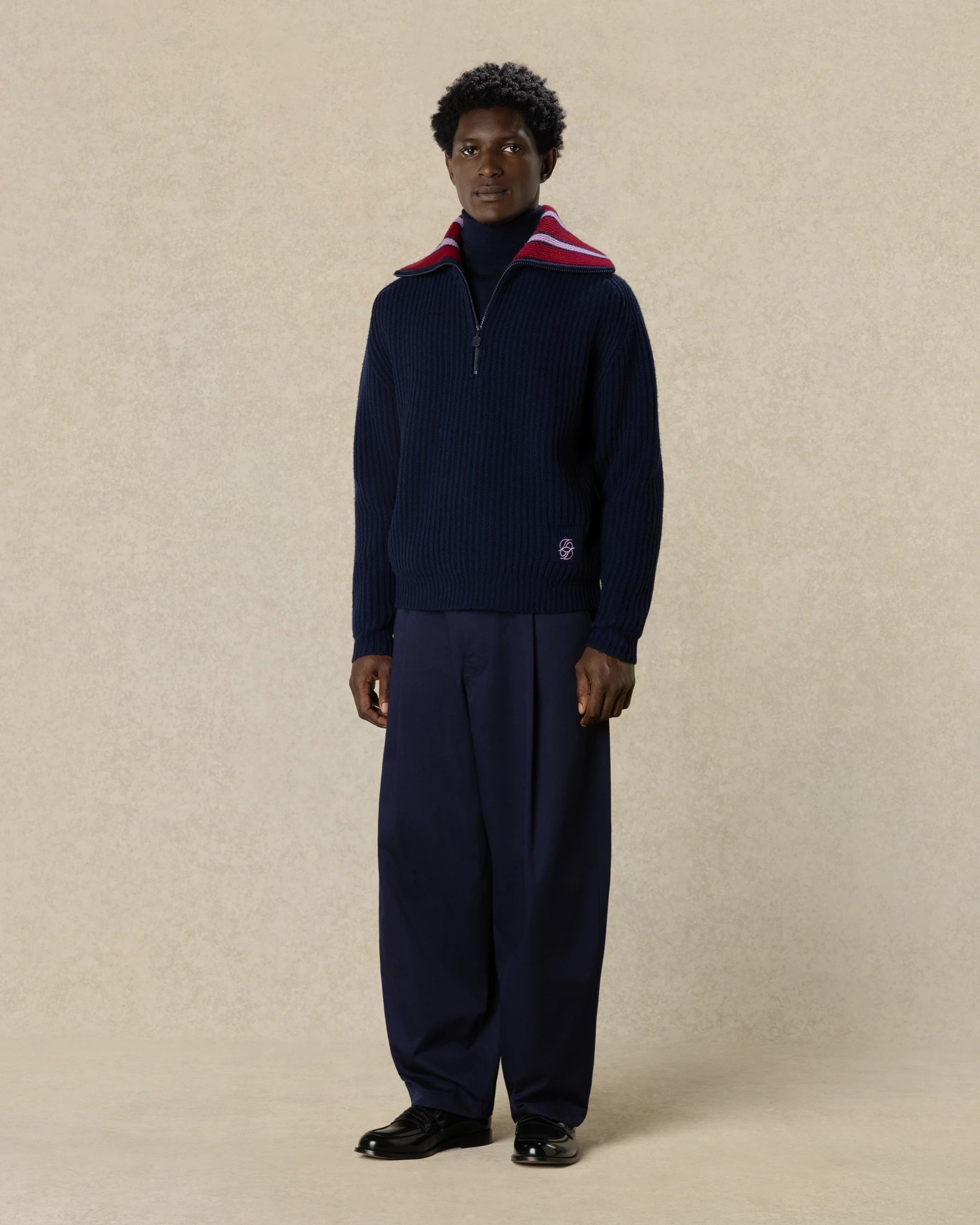 Drôle De Monsieur Trucker Sweater Half-Zip Pullover Navy Wolle