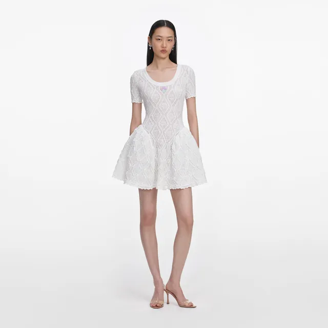 Self Portrait Dresses Pointelle Strick-Minikleid Weiss Gr. S