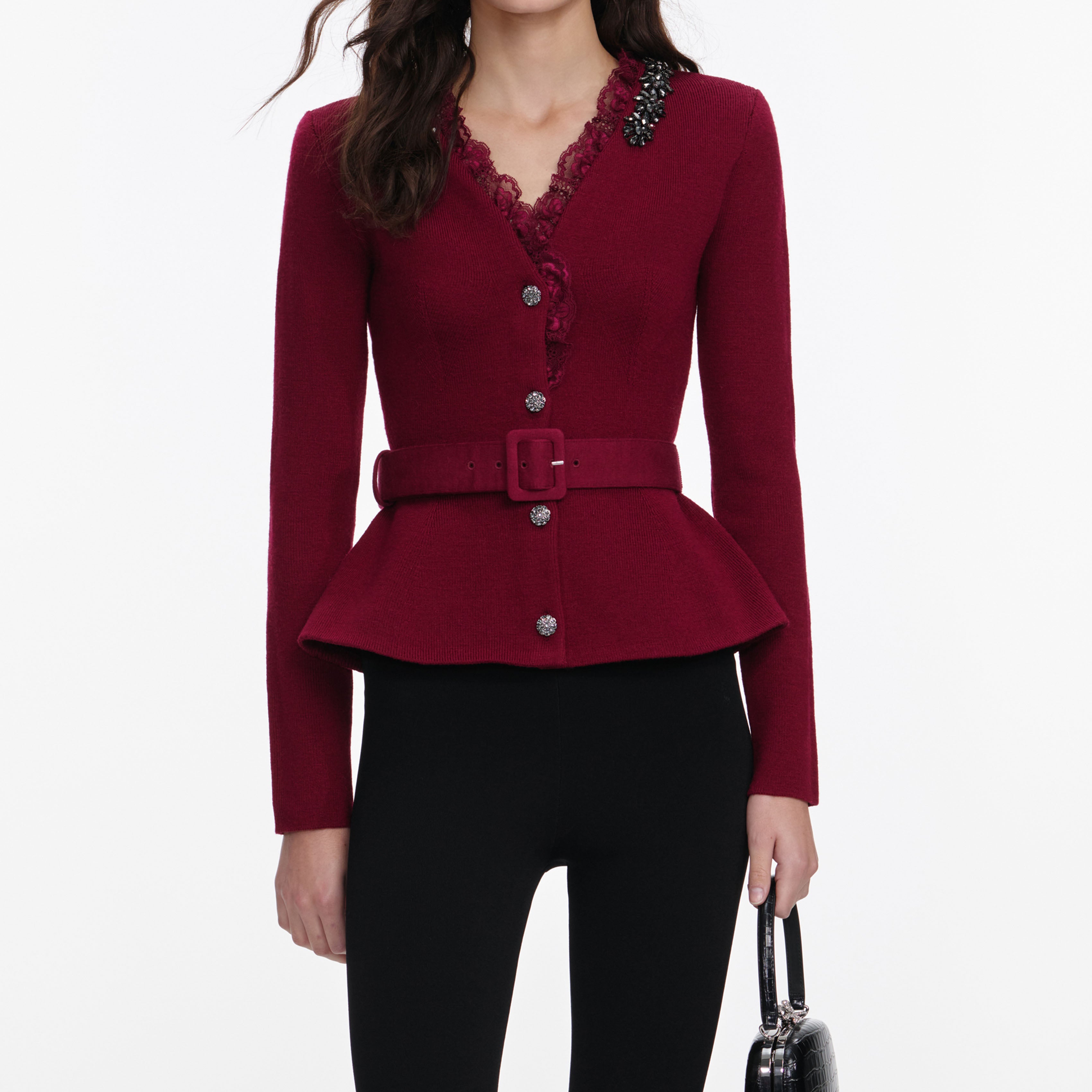 Self Portrait Knitwear Burgundy Crystal Trim Cardigan Strickjacke S