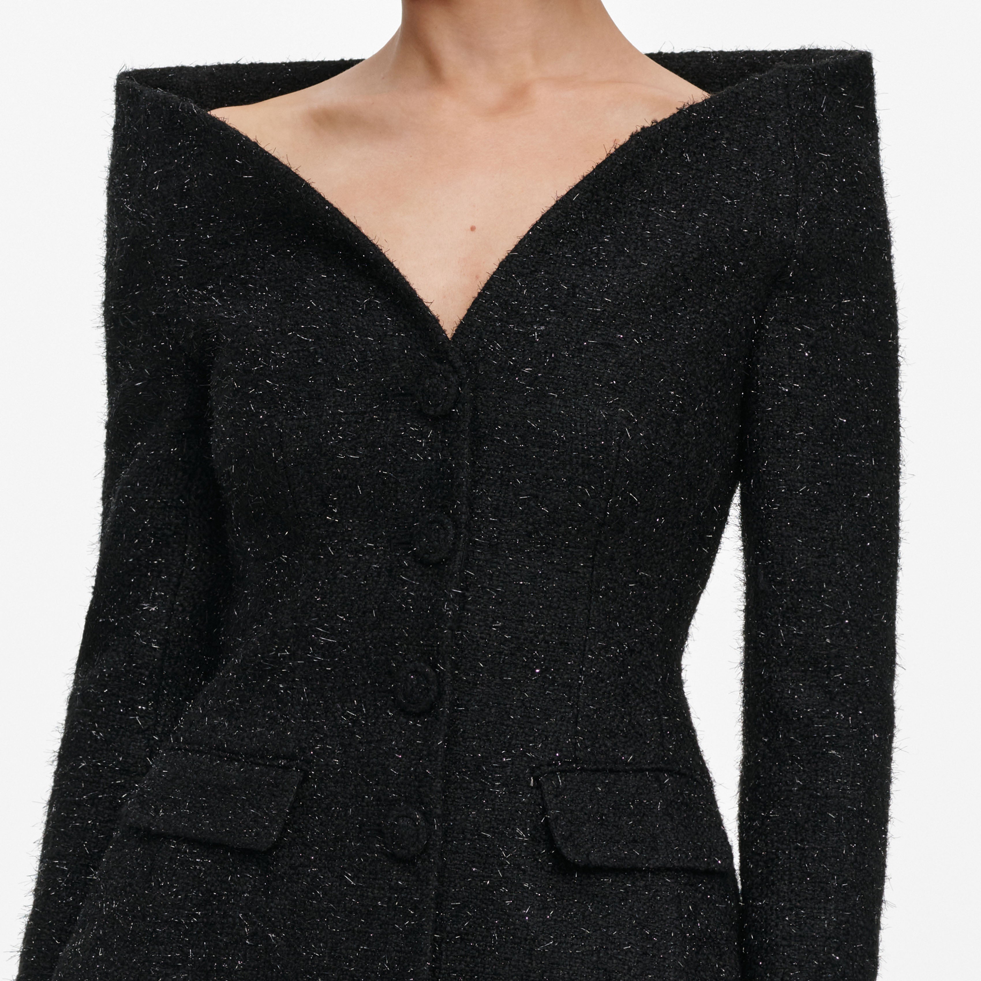 Self-Portrait Black Metallic Boucle Maxikleid Schwarz Satin
