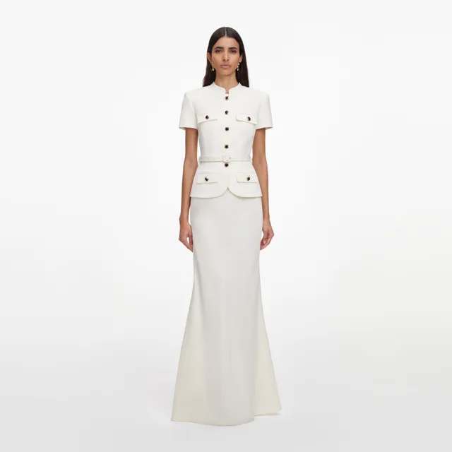 Self Portrait Linen Peplum Maxi Kleid Cream Leinen