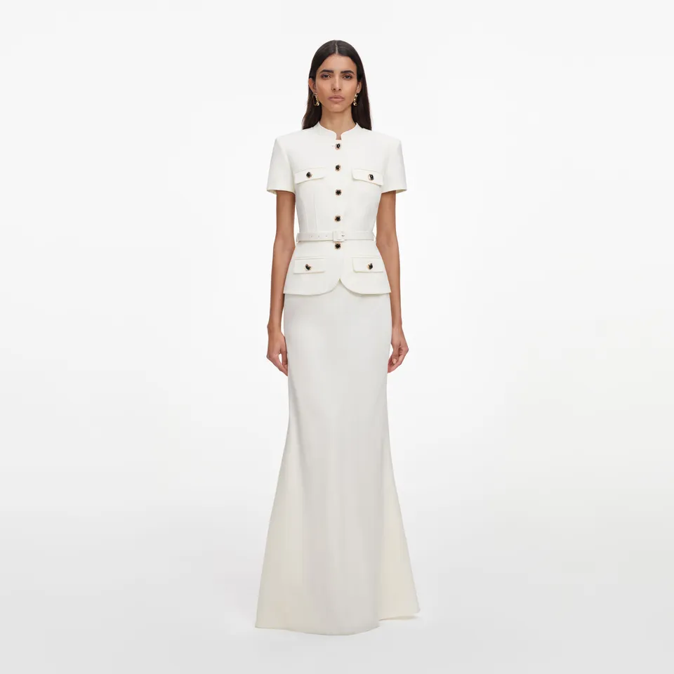 Self Portrait Linen Peplum Maxi Kleid Cream Leinen