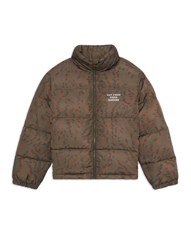 Drôle De Monsieur Slogan Moiré Puffer Jacke Khaki Polyamid