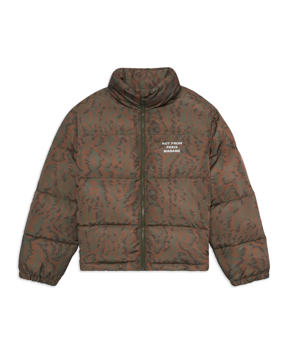 Drôle De Monsieur Slogan Moiré Puffer Jacke Khaki Polyamid