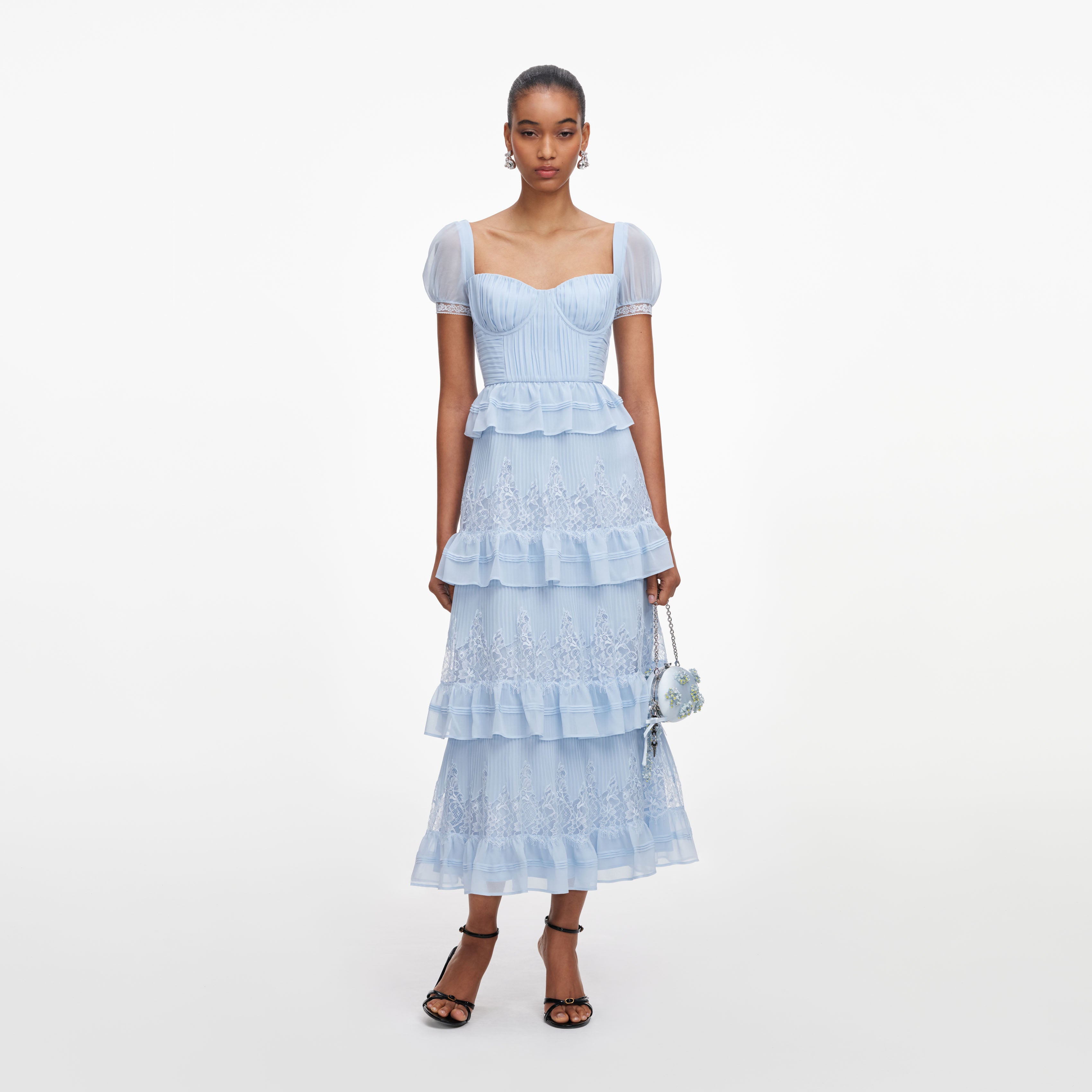 Self Portrait Blue Chiffon Short Sleeve Midi Kleid blau