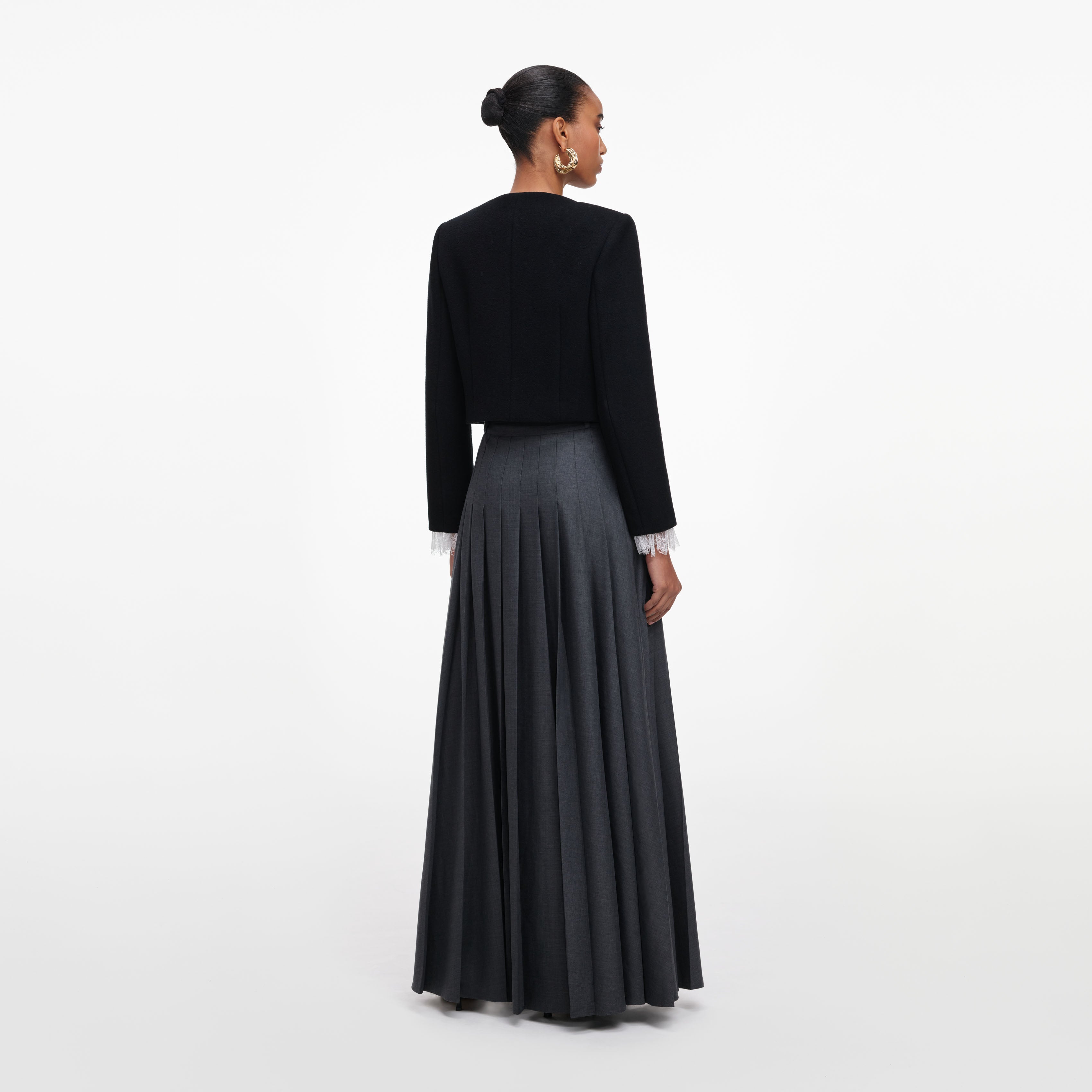 Self Portrait Grey Pleated Maxi Rock Grau Wolle