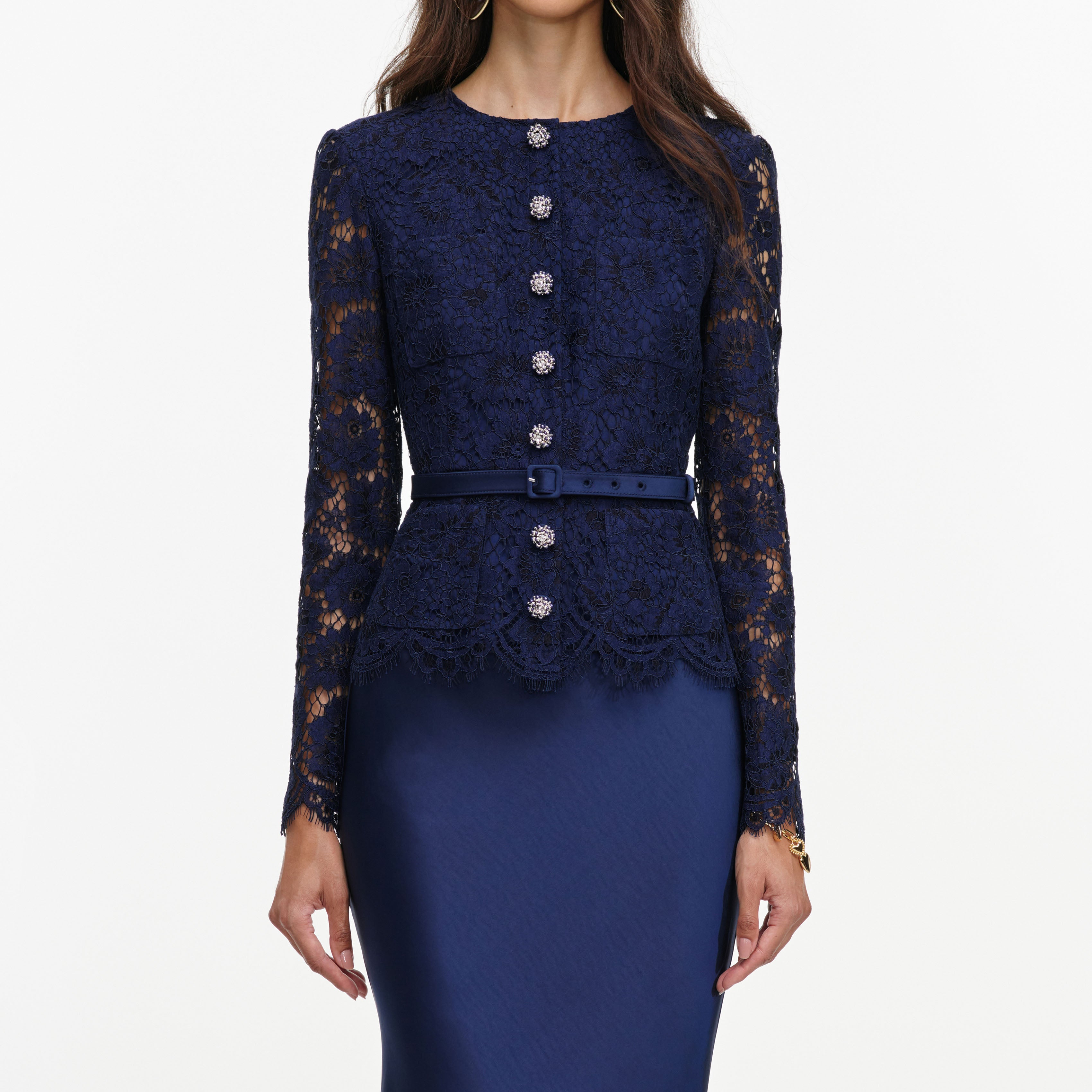 Self Portrait Navy Tailored Lace Satin Maxi Dress Kleid Blau