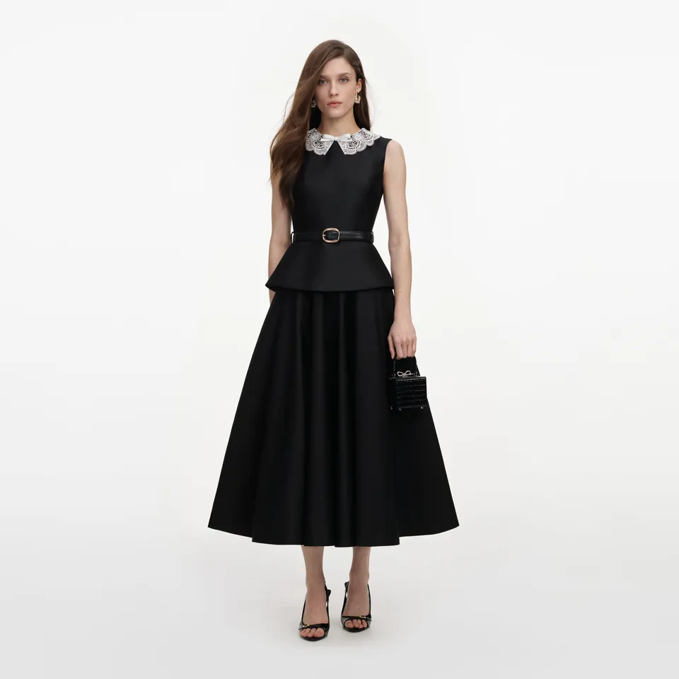 Self Portrait Black Taffeta Peplum Midi Kleid UK 8 Schwarz