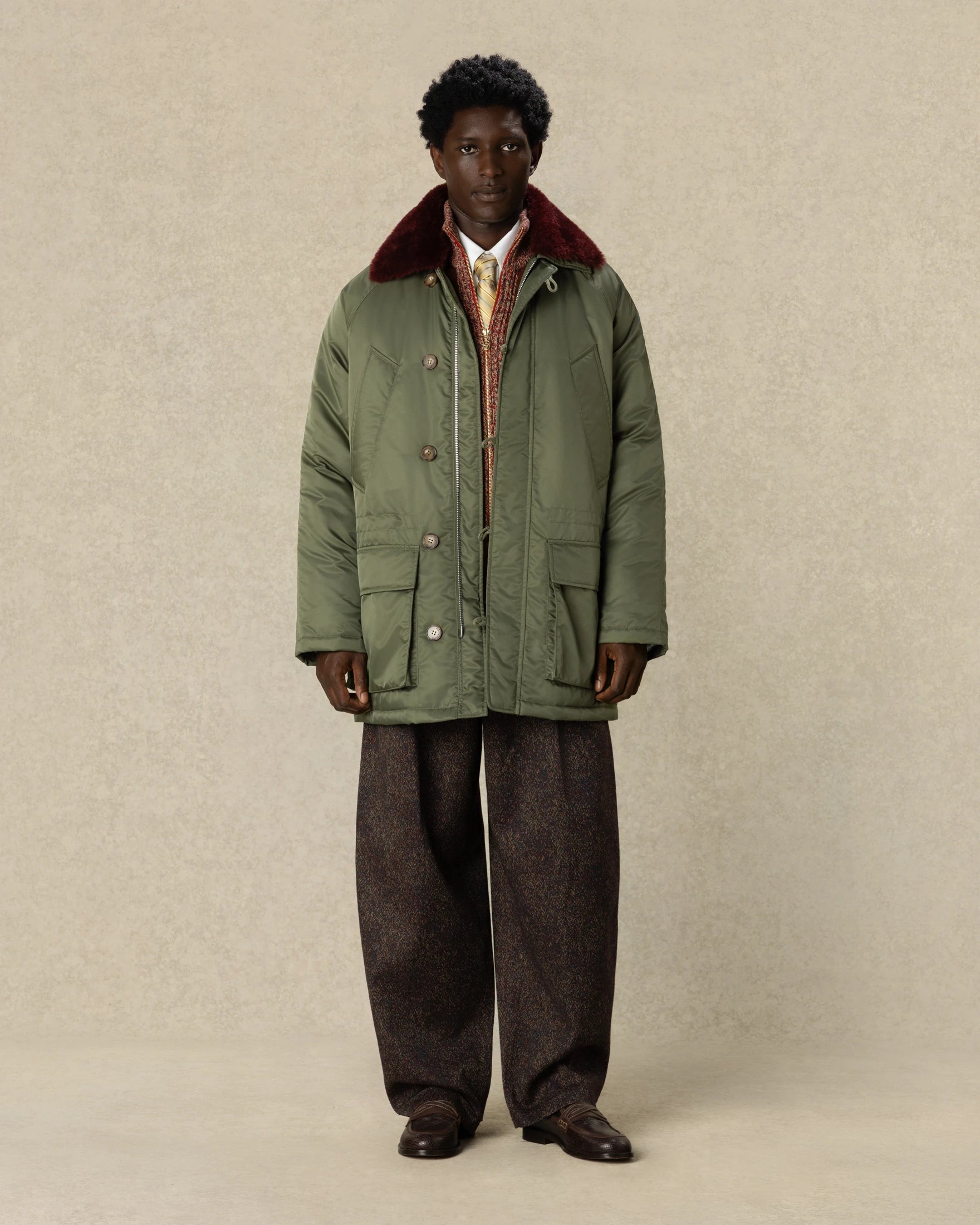 Drôle De Monsieur Nylon Parka Fake Fur Collar Parka Khaki