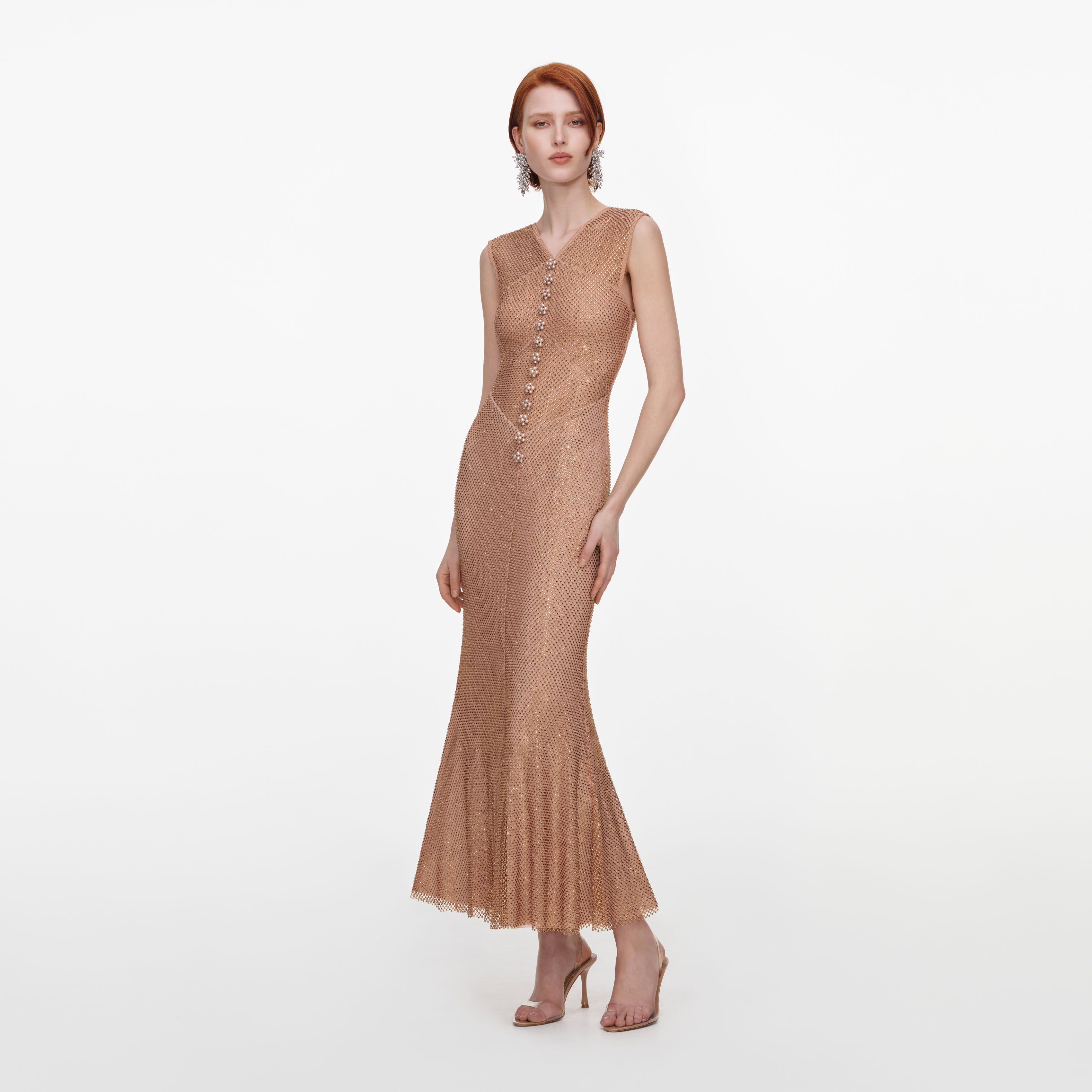 Self Portrait Fishnet Midikleid Champagne Strass