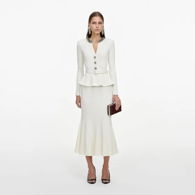 Self Portrait Cream Lurex Rib Knit Midi Kleid Creme Strick