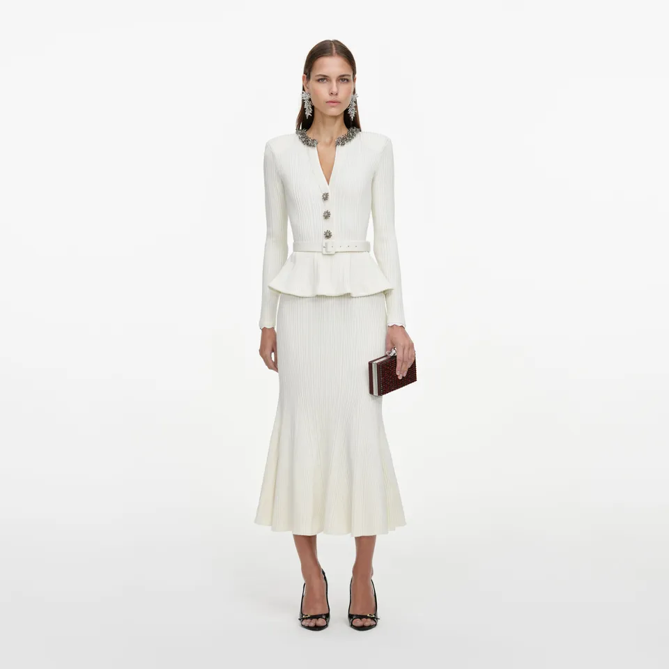 Self Portrait Cream Lurex Rib Knit Midi Kleid Creme Strick