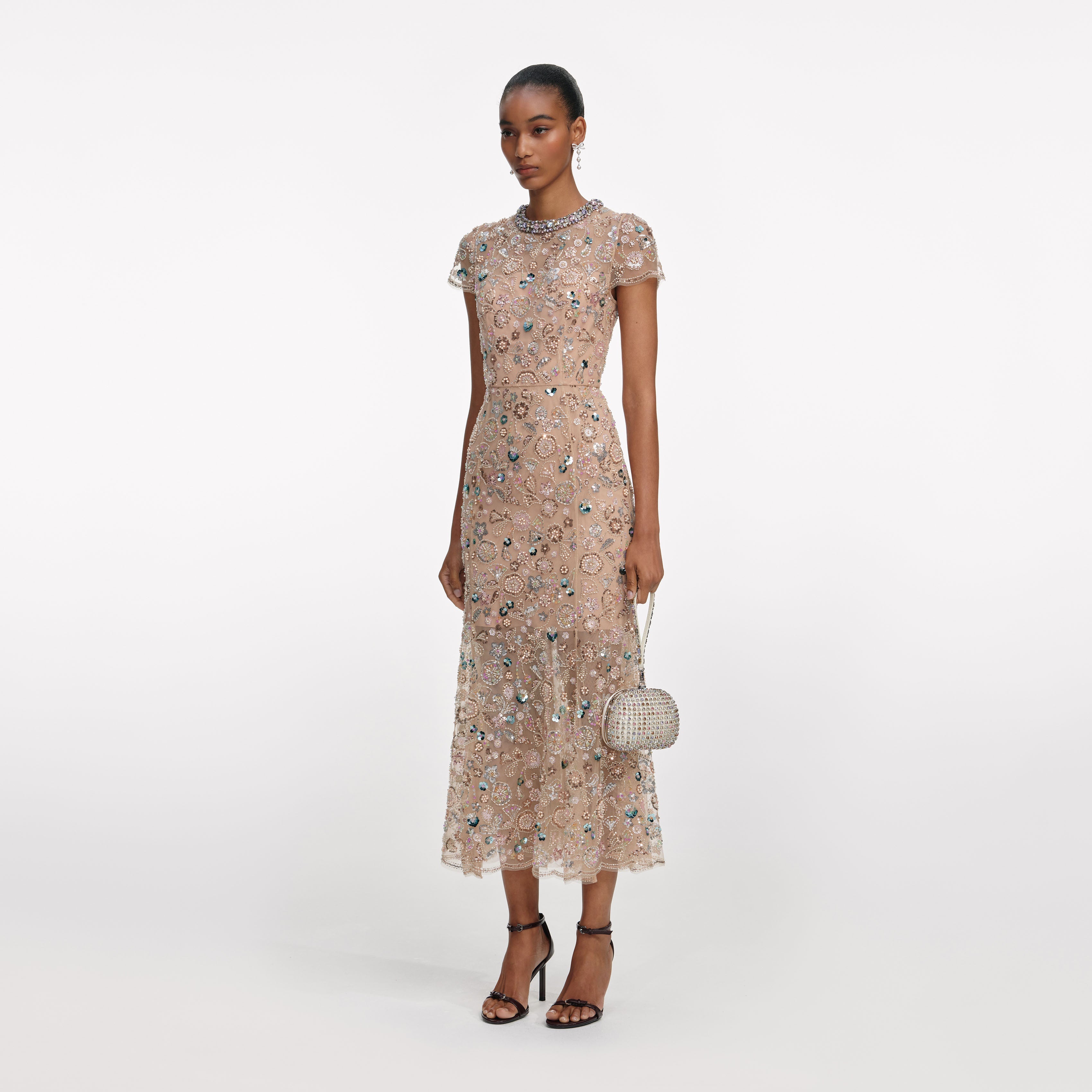 Self Portrait Champagne Sequin Midi Kleid Champagner Pailletten
