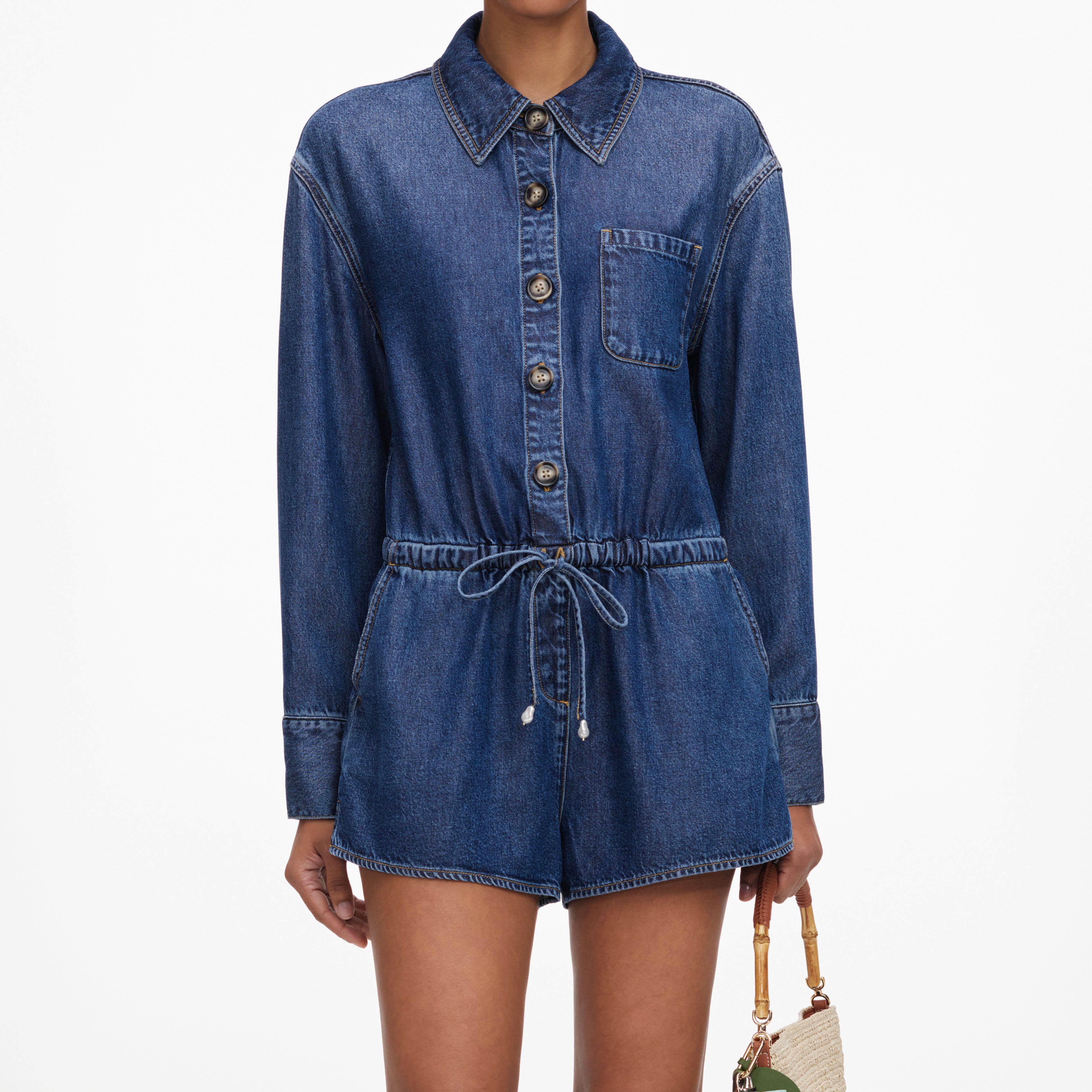 Self Portrait Denim Relaxed Fit Playsuit Jumpsuit Blau