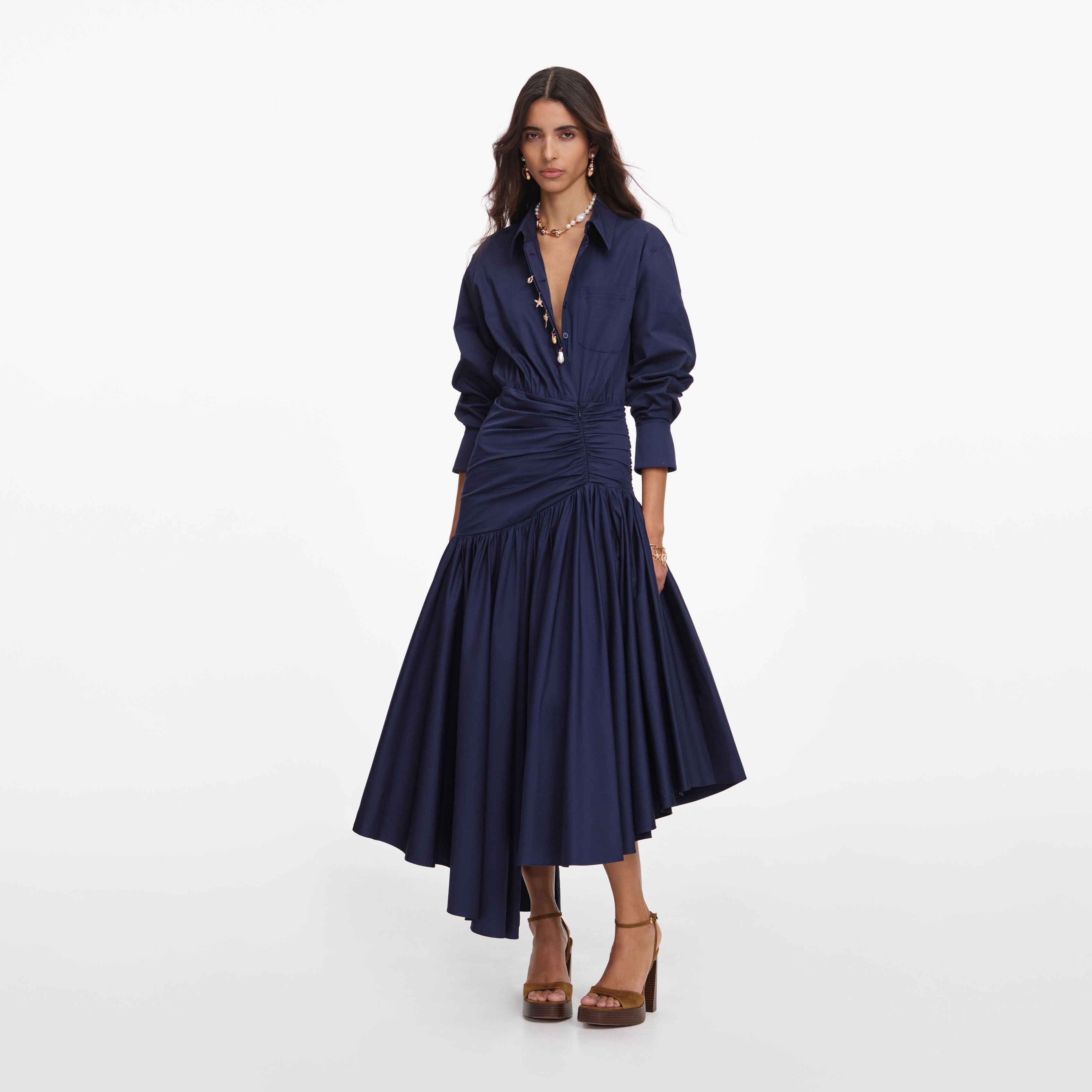 Self Portrait Navy Cotton Asymmetric Midi Kleid UK 8