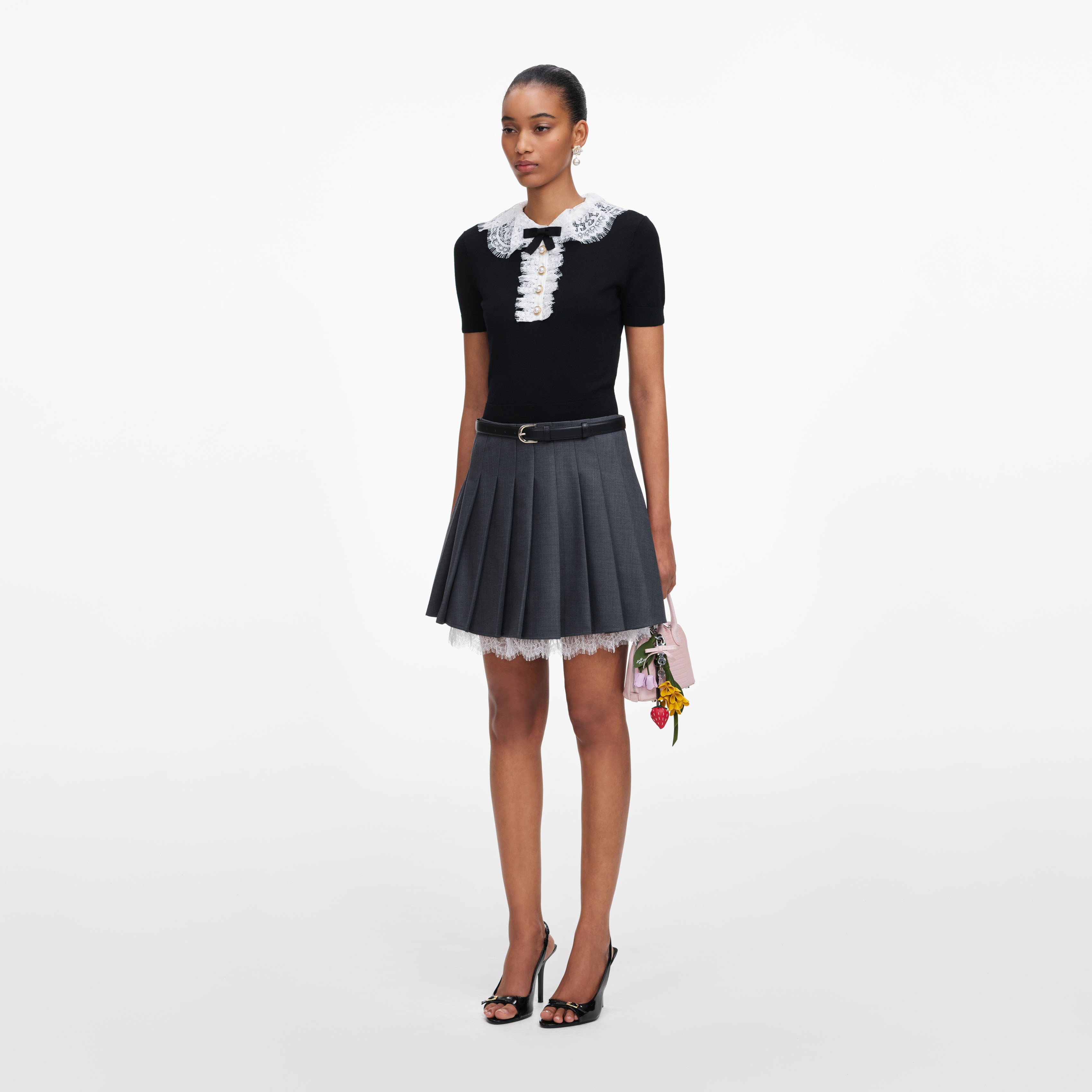 Self Portrait Black Knit Lace Collar Top Schwarz Spitze