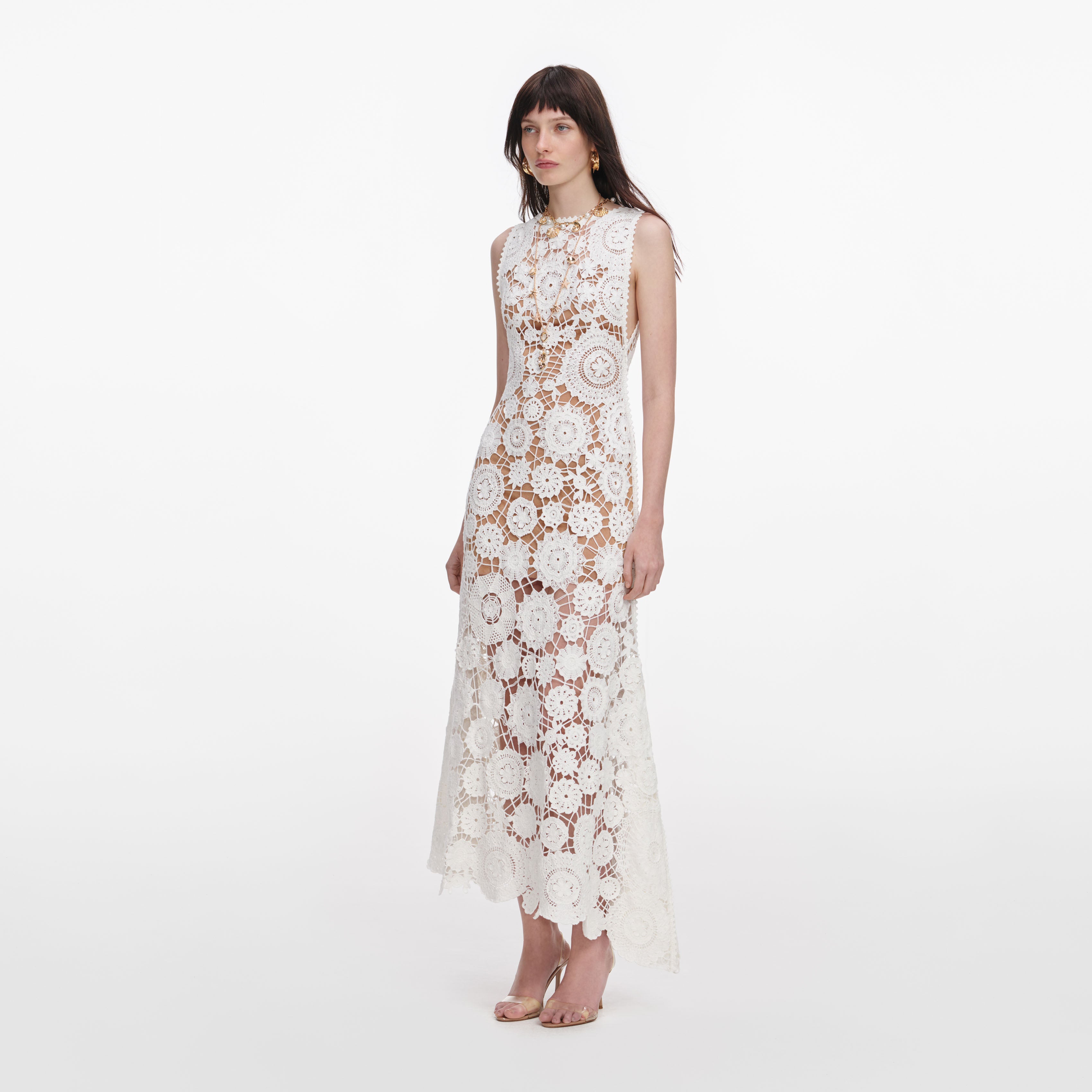 Self Portrait White Crochet Maxi Kleid UK 6 Weiß Baumwolle
