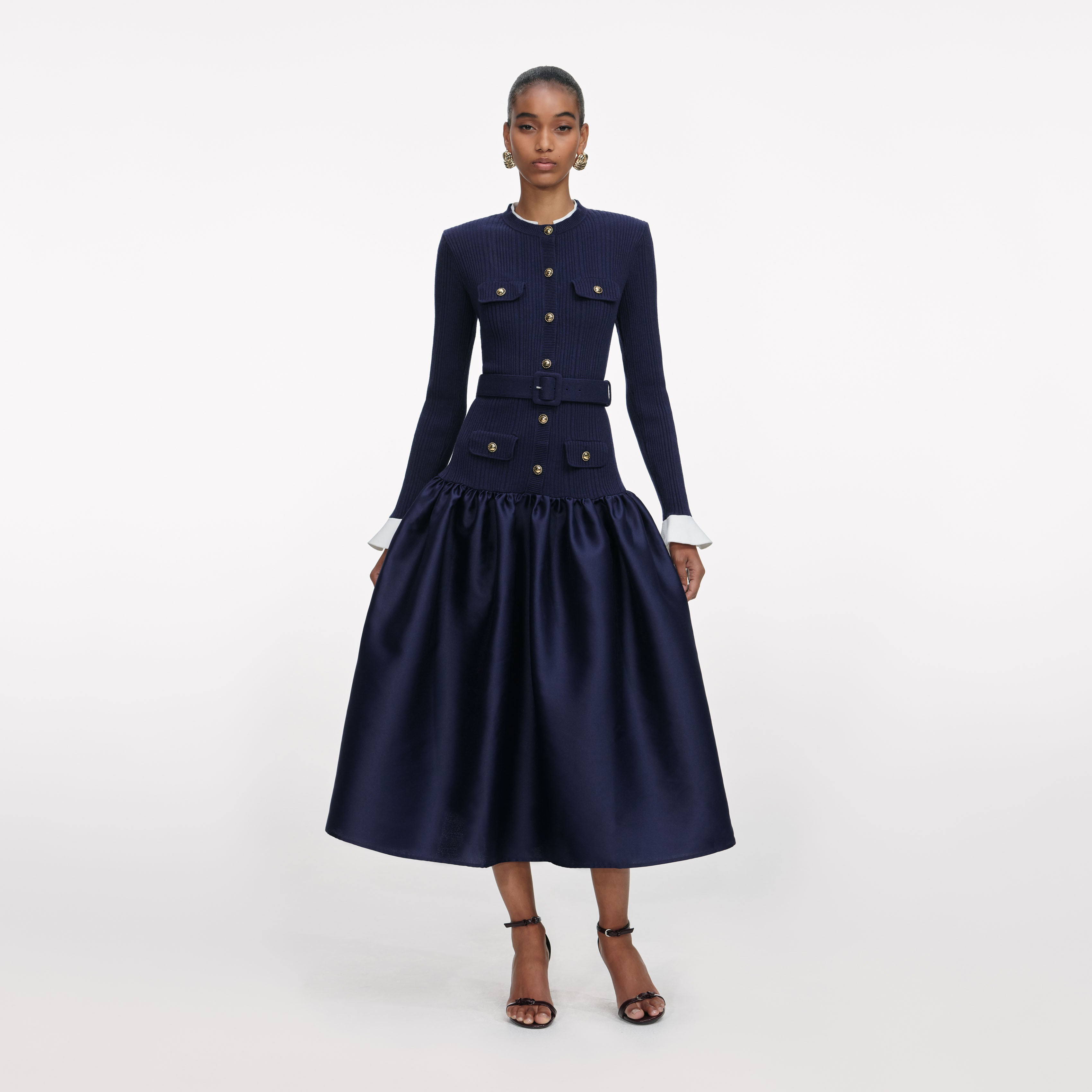 Self Portrait Navy Knit Midikleid Blau Taft Goldknöpfe