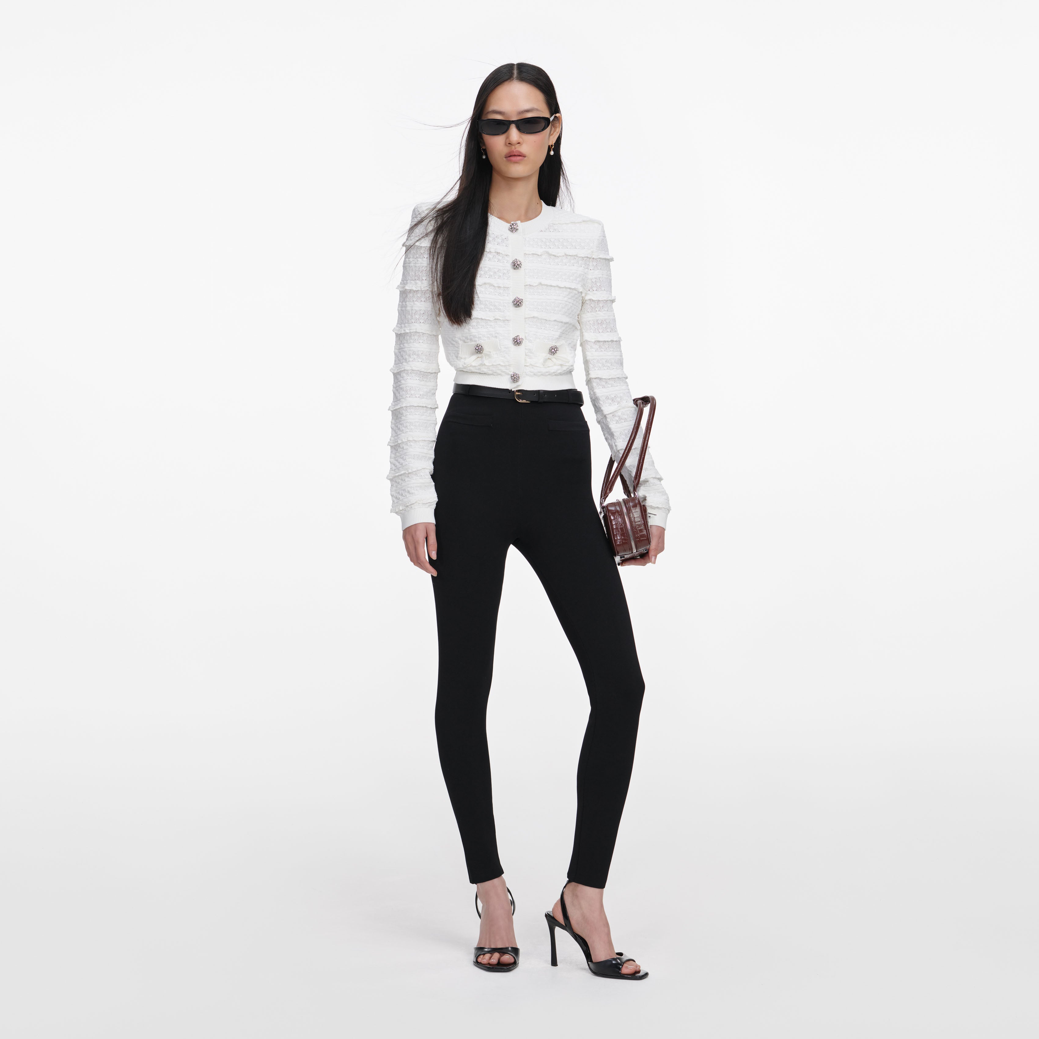 Self Portrait Pointelle Diamante Cardigan Weiß