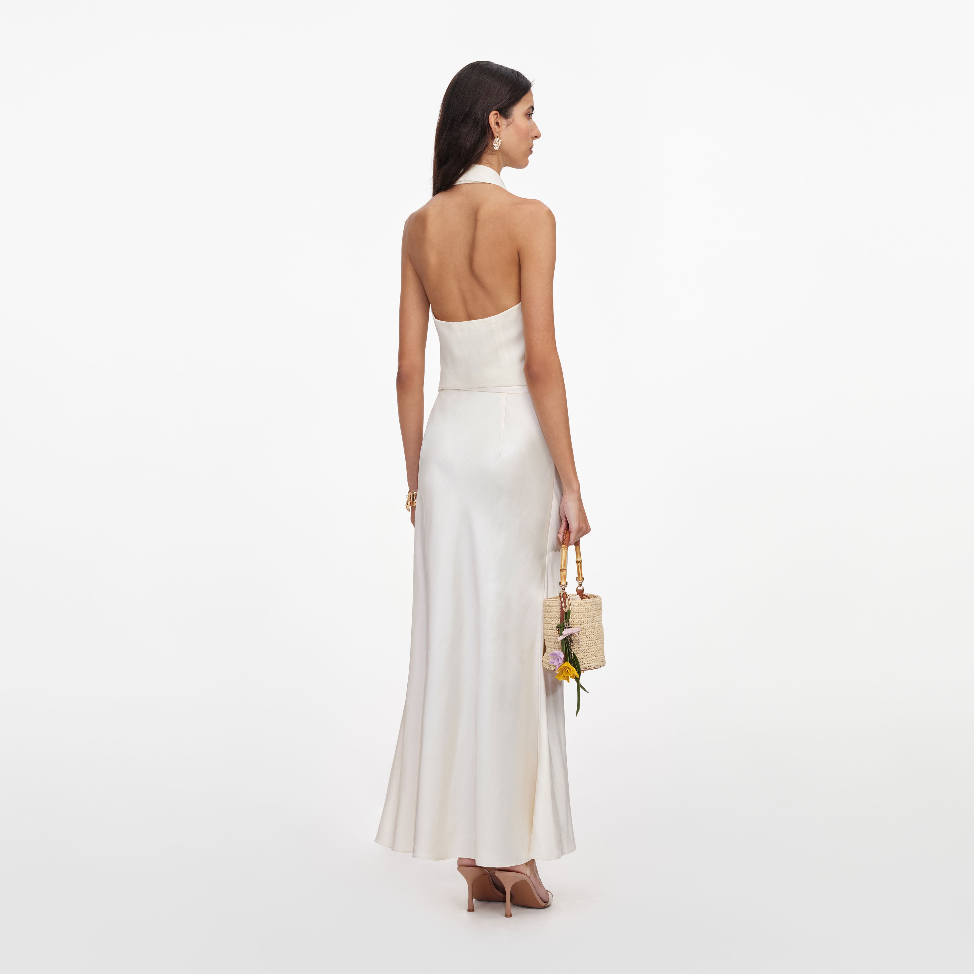 Self Portrait Cream Linen Satin Midi Kleid Creme UK 6 rückenfrei
