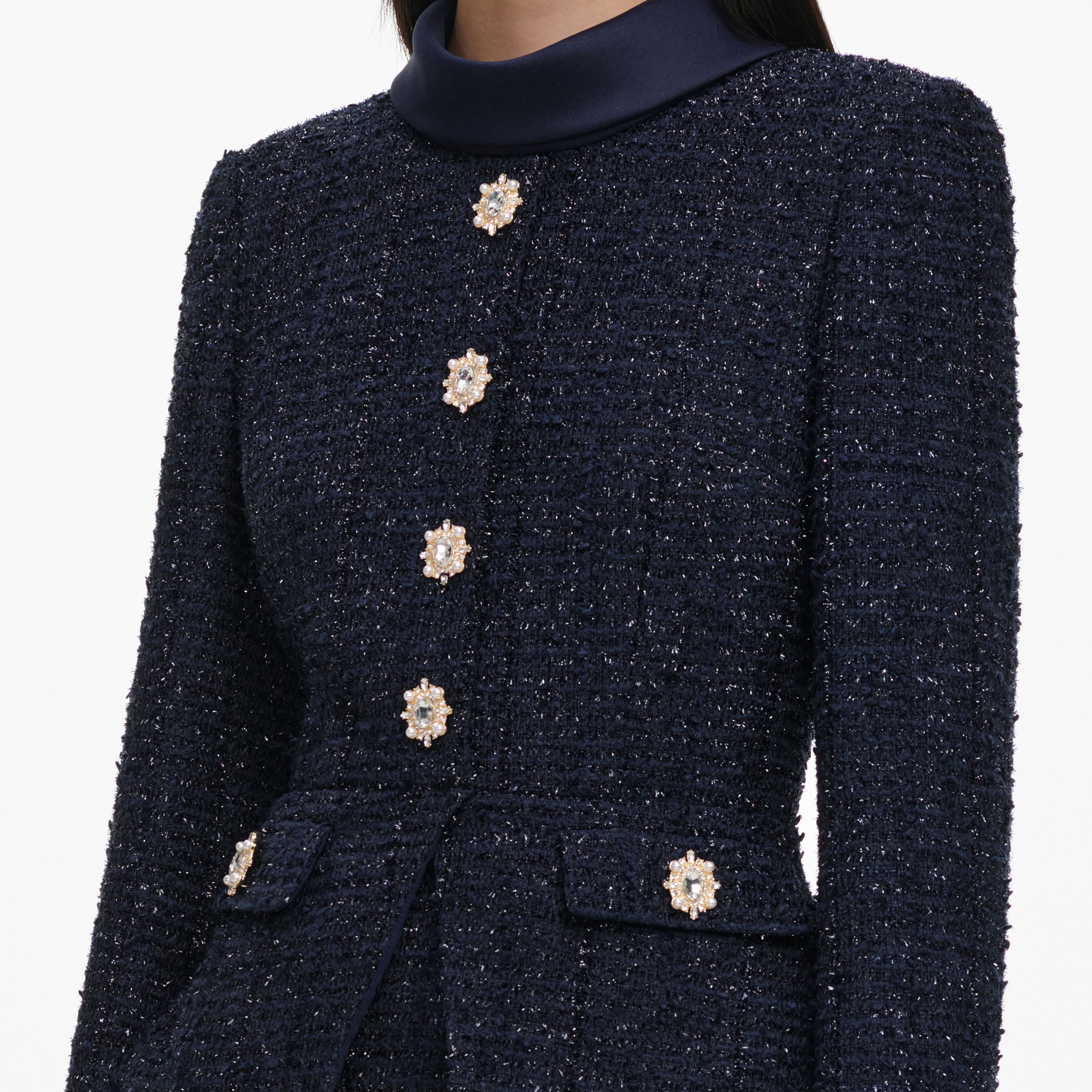 Self Portrait Navy Boucle Tailored Midi Kleid Navy Boucle