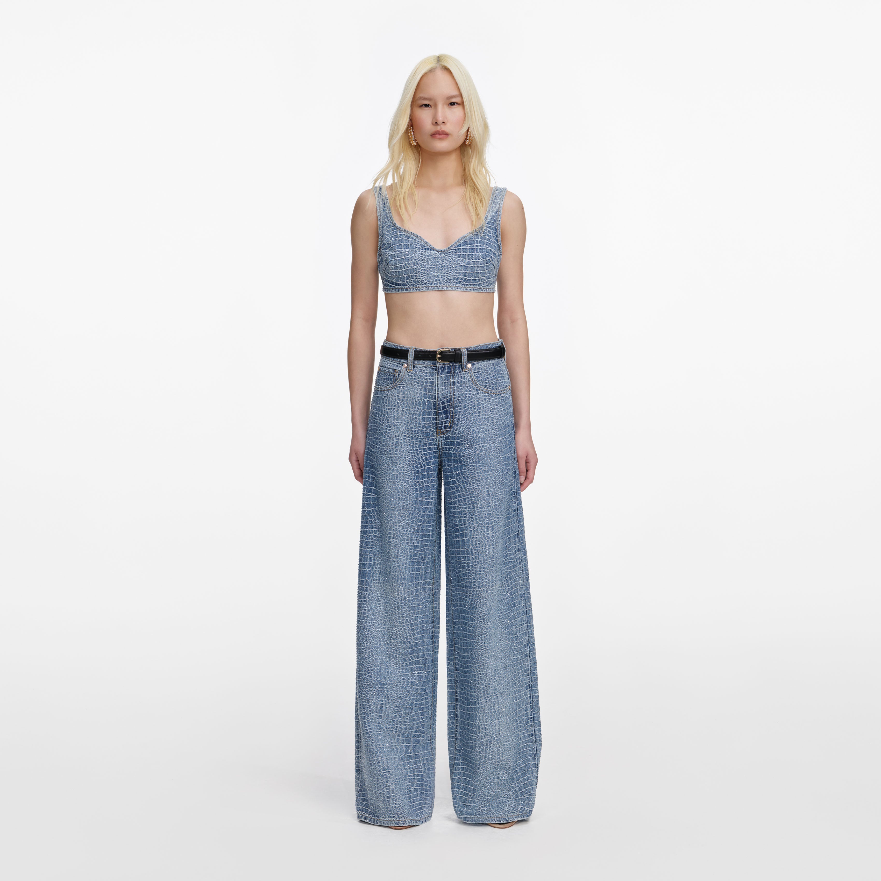Self Portrait Denim Rhinestone Croc Effect Denim Bralette Top UK 8