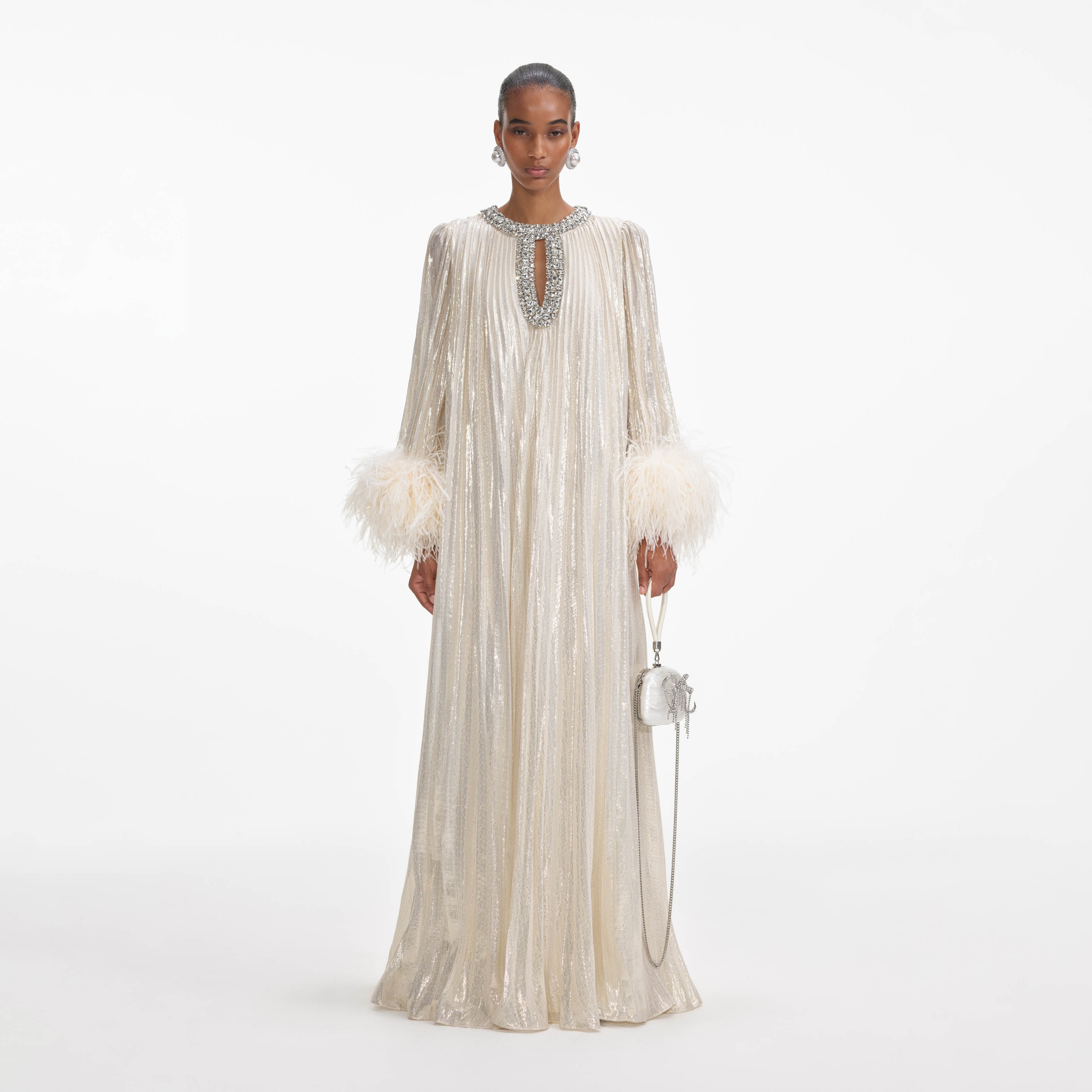 Self Portrait Dresses Gold Feather Maxi Kleid Metallic Federn Gold