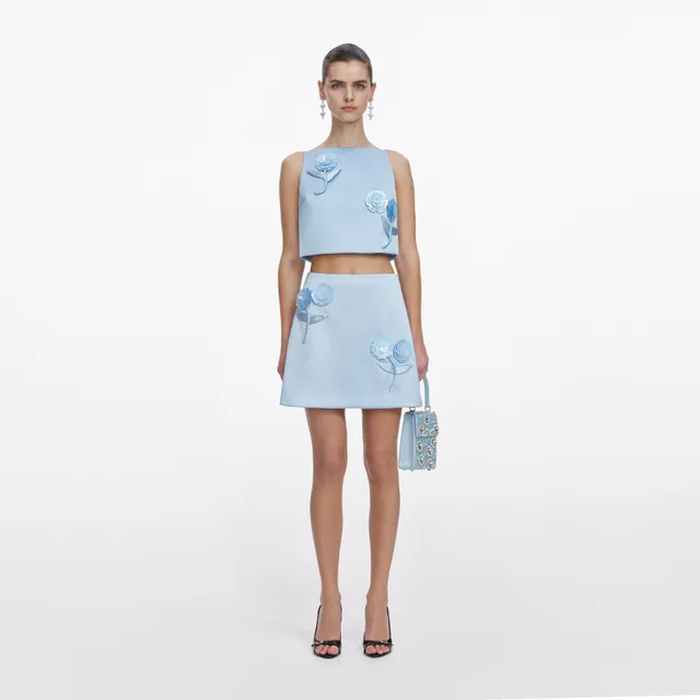 Self Portrait Blue Satin 3D Sequin Flower Top Blau Pailletten